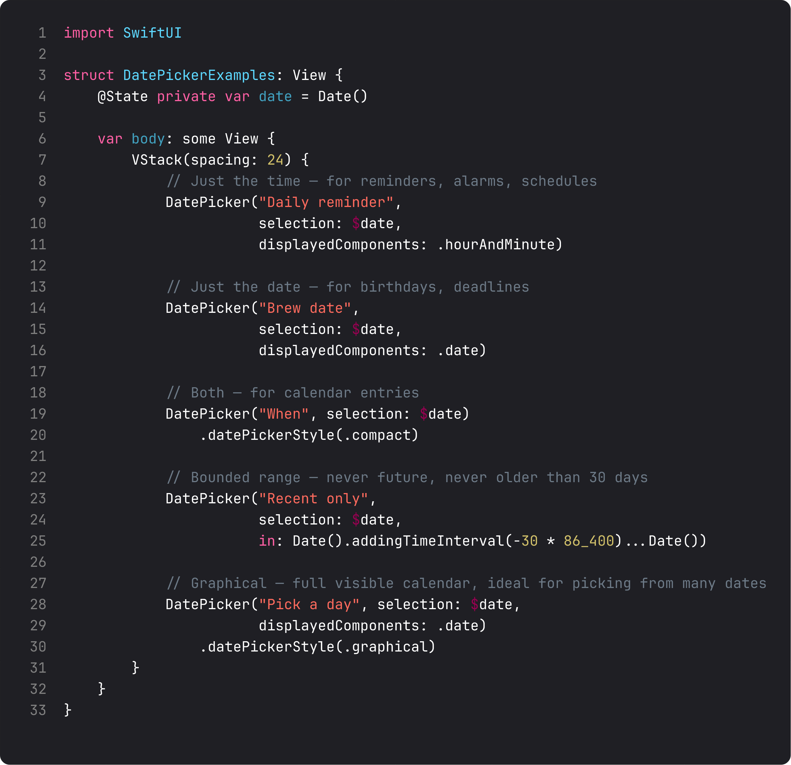 DatePicker styles: hourAndMinute, date, compact, ranged, graphical
