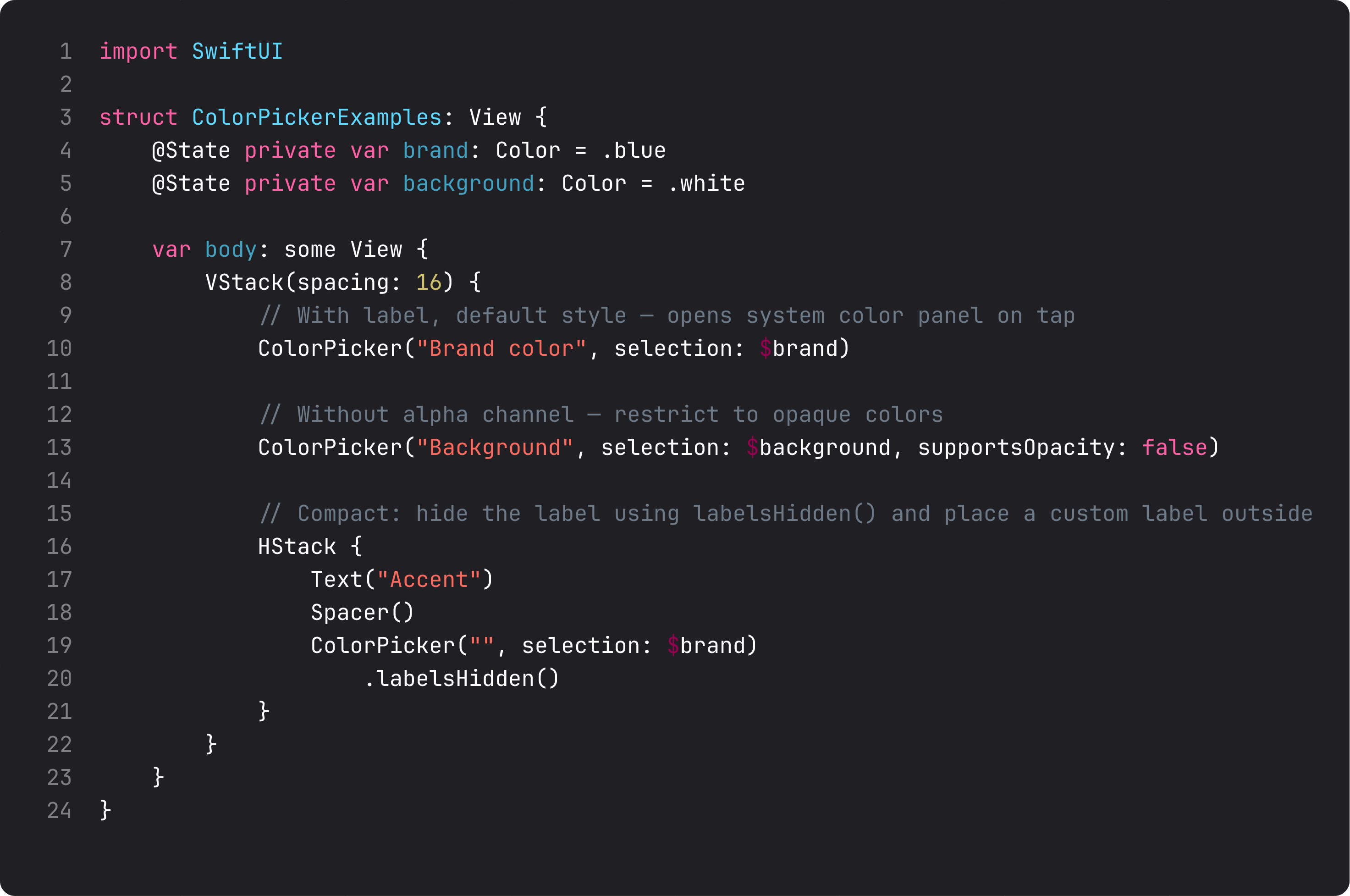 ColorPicker variants: with label, no opacity, hidden label
