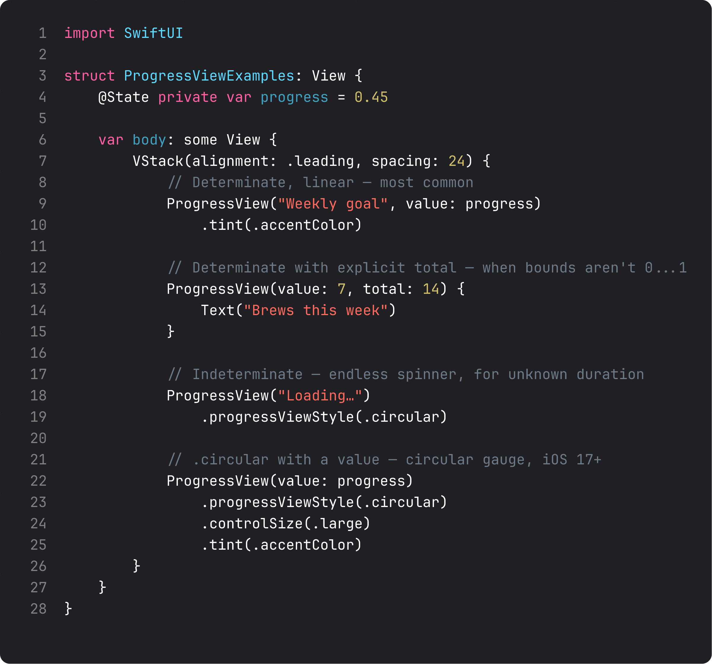 ProgressView variants: linear, total bounds, indeterminate, circular with value