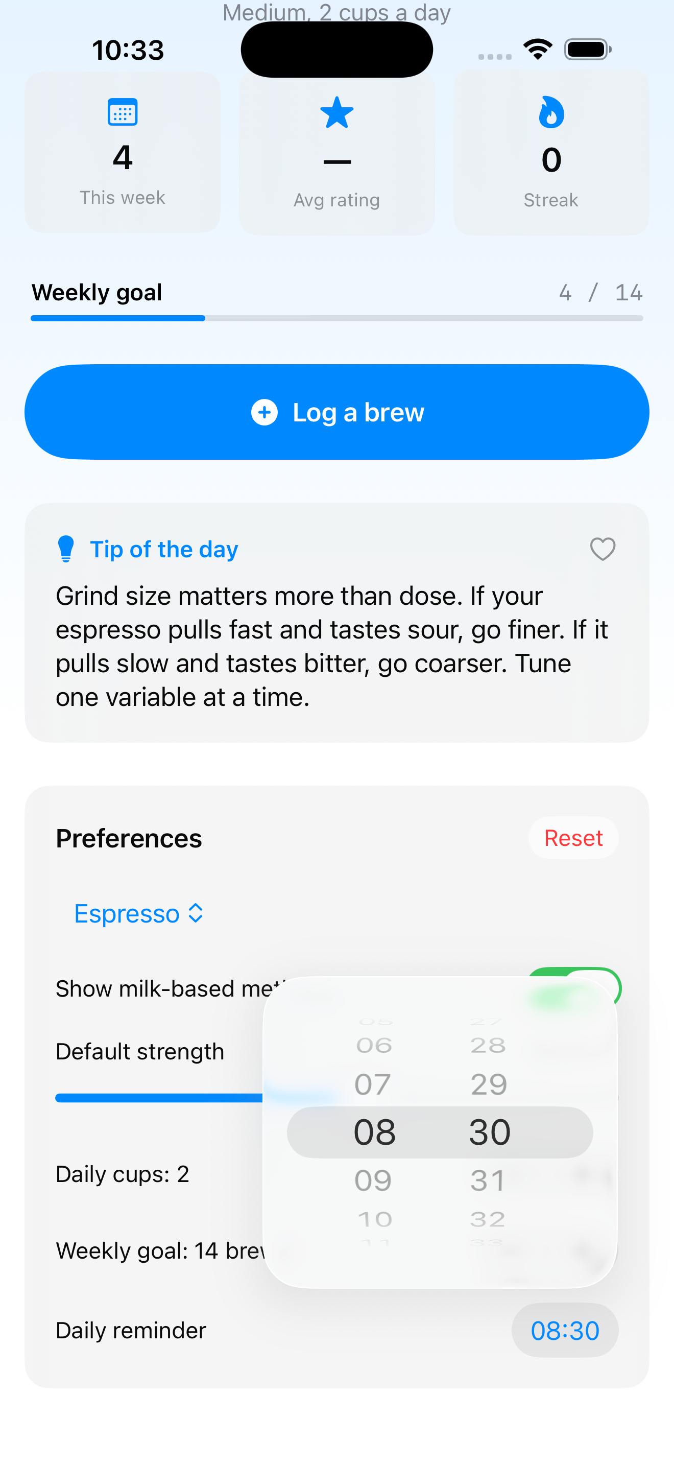 BrewLog with weekly progress bar and daily reminder time picker