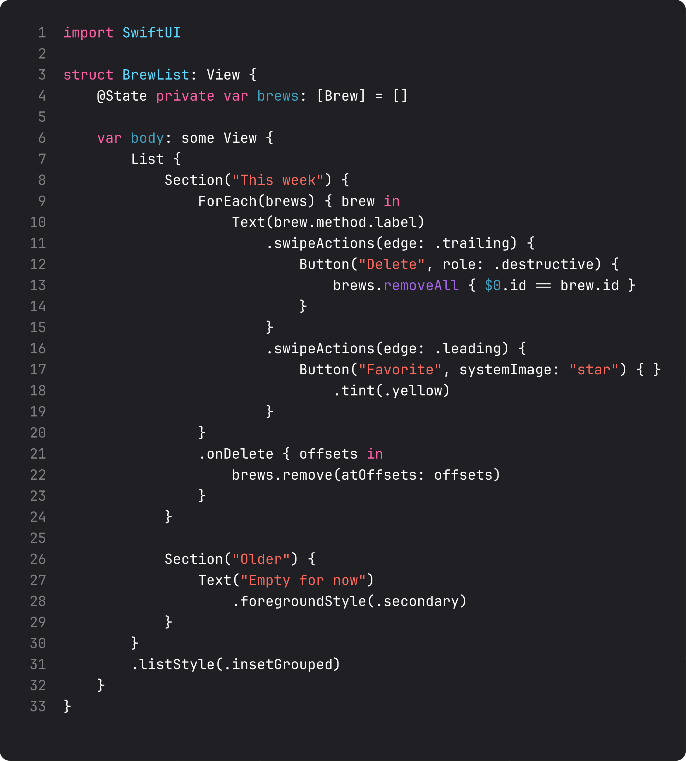 List with sections, swipeActions, onDelete