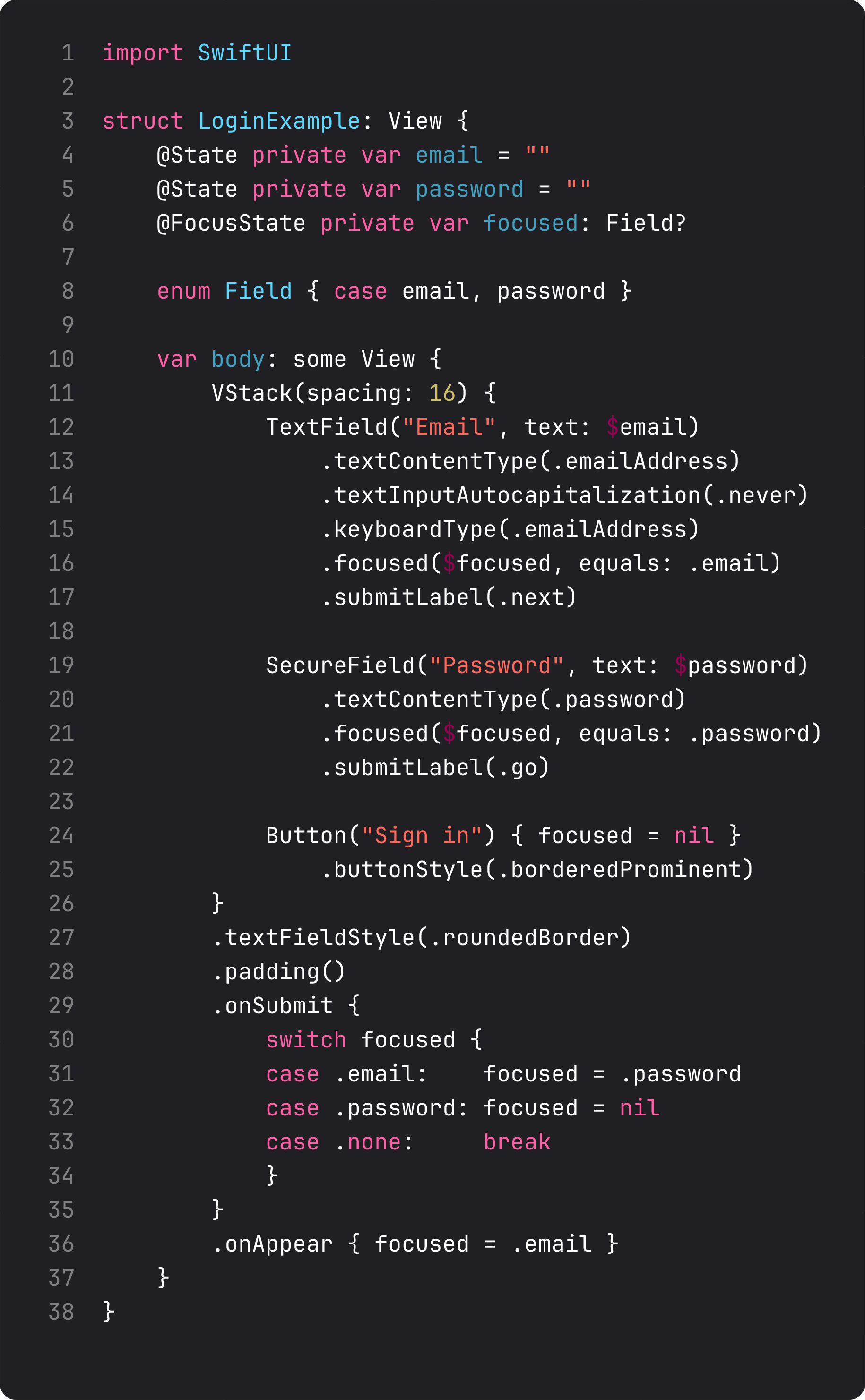TextField + SecureField + FocusState login form