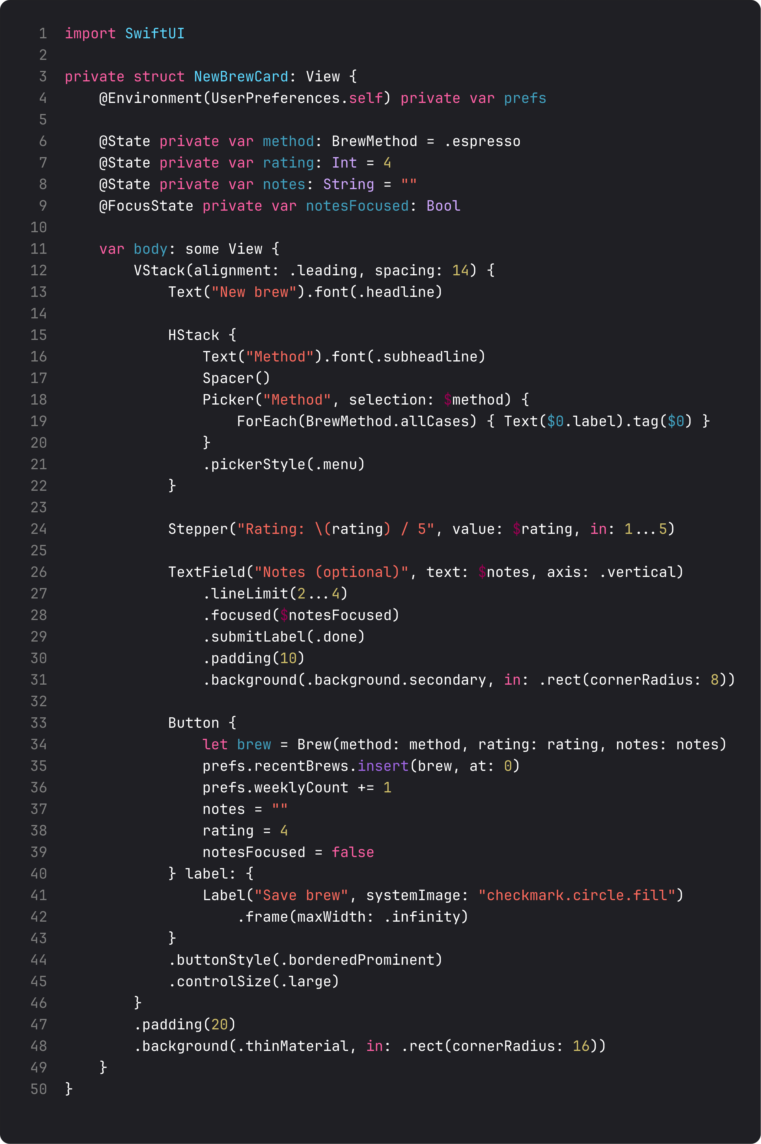 NewBrewCard with method picker, rating stepper, notes TextField