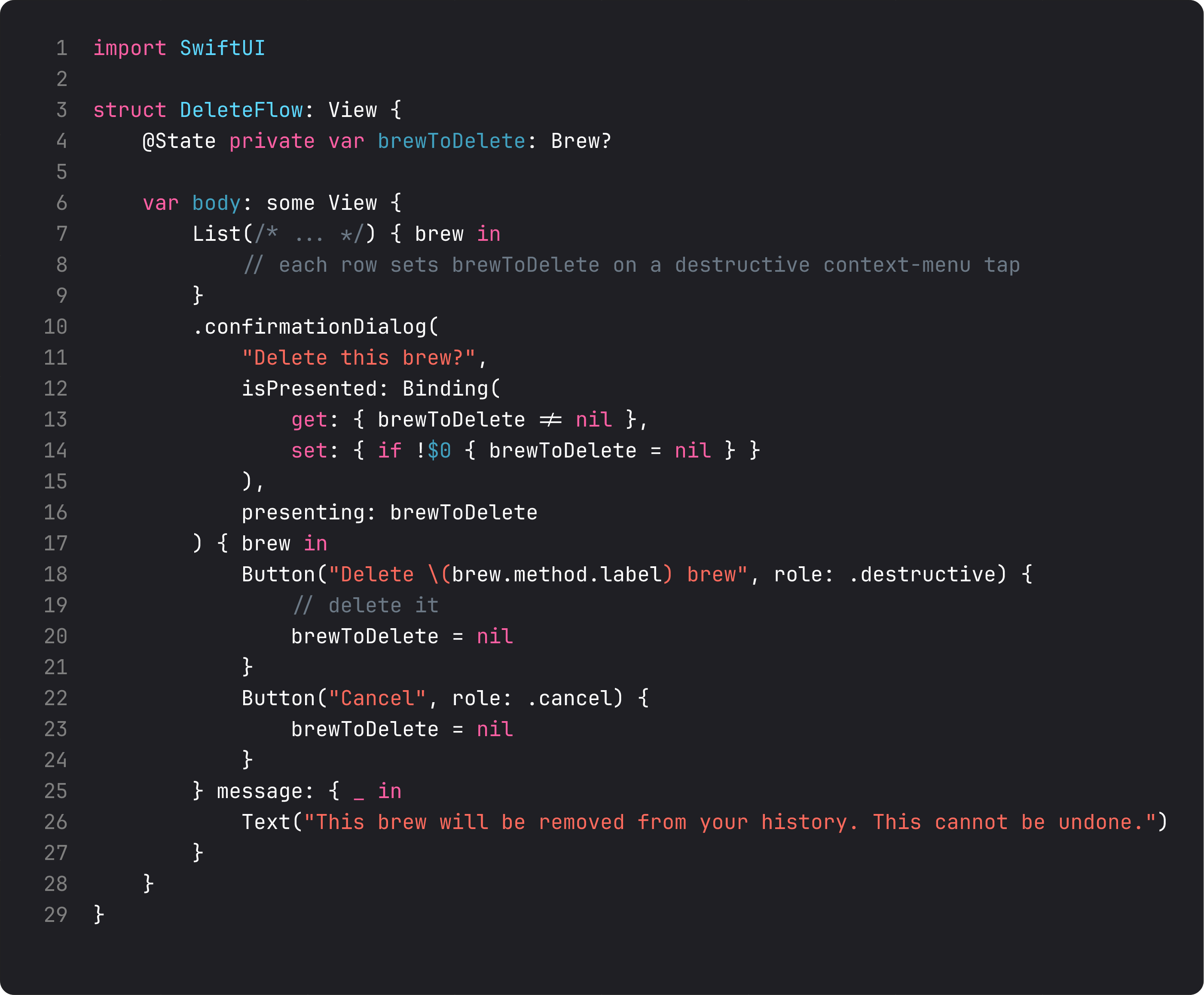 confirmationDialog presenting an item-bound delete flow