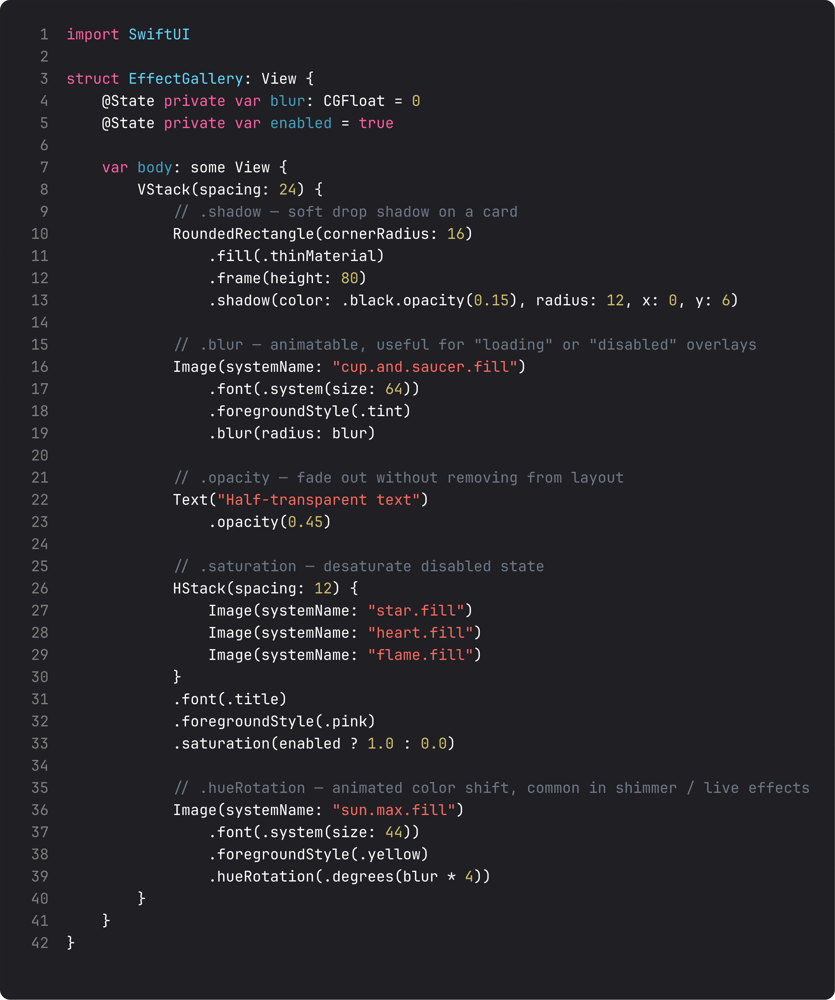 Common SwiftUI effect modifiers gallery