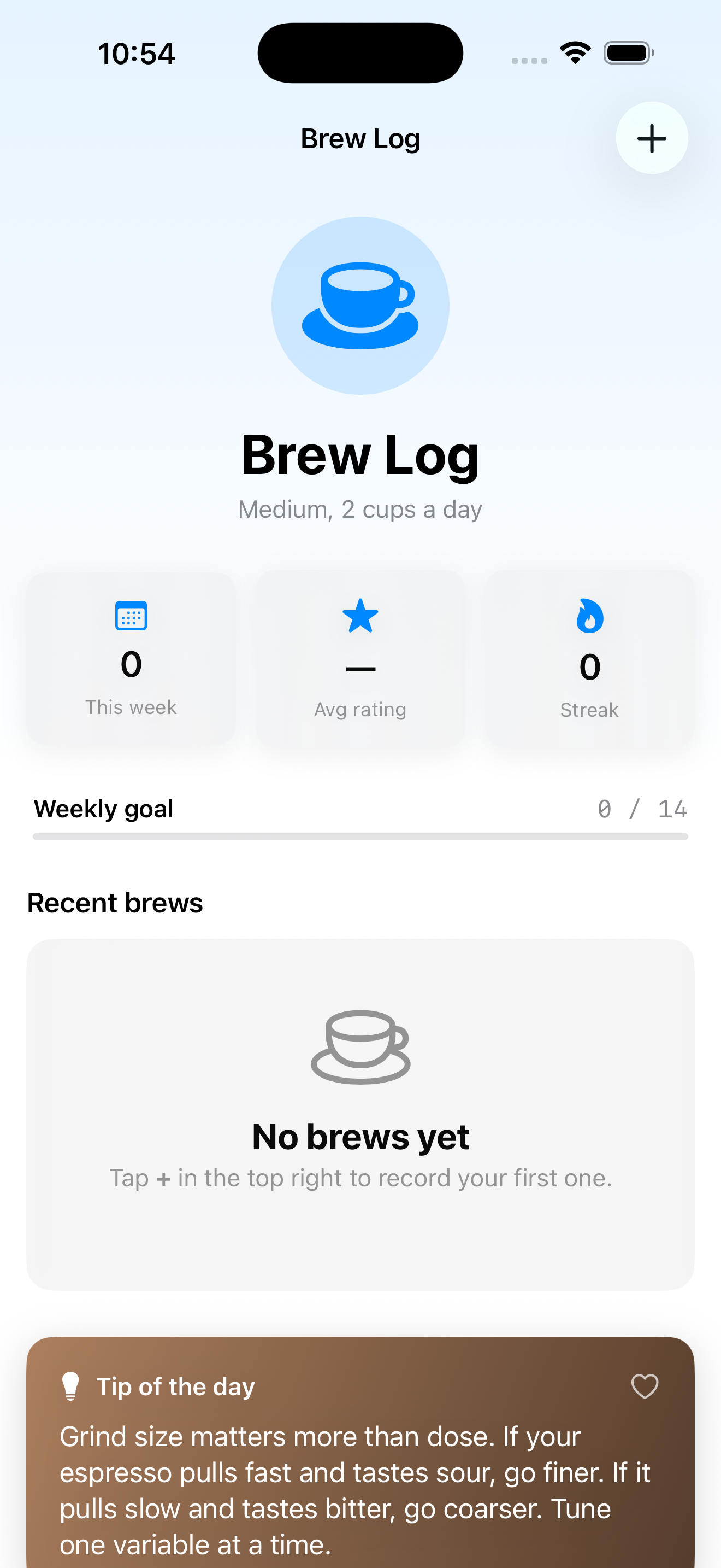 BrewLog with brown gradient tip card and shadow stats