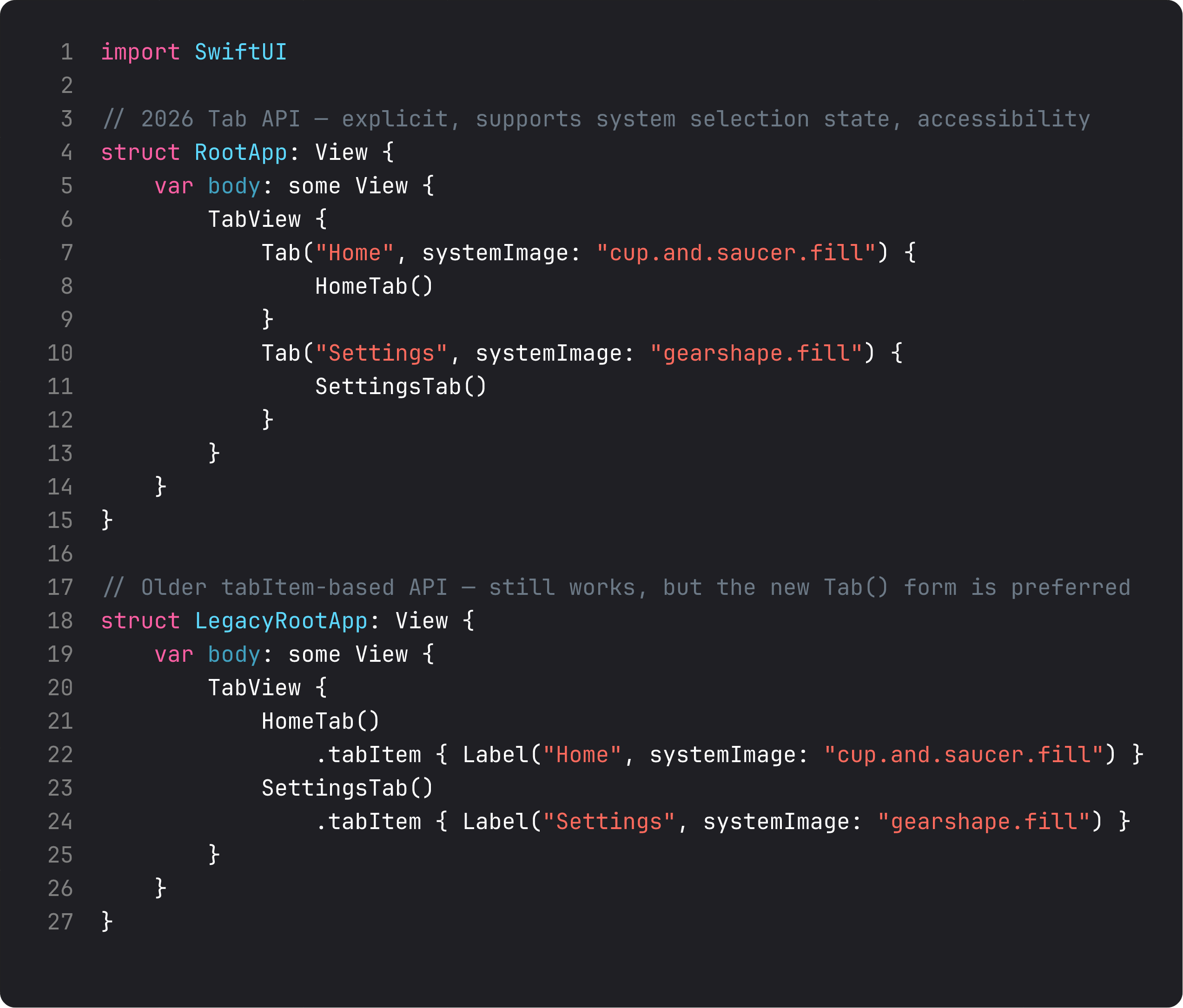 TabView with the new Tab() API and the legacy tabItem form