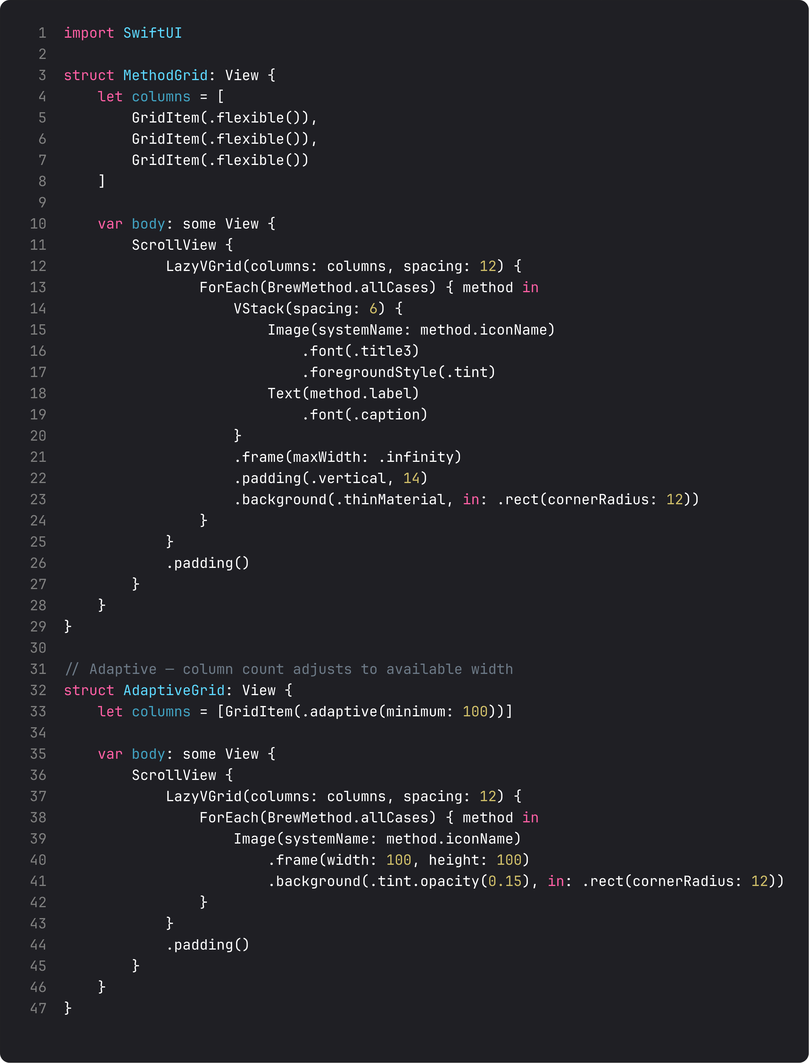 LazyVGrid with three fixed columns and an adaptive variant