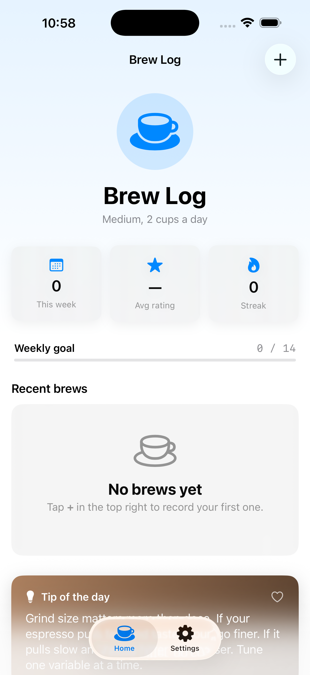 BrewLog Home tab with bottom tab bar