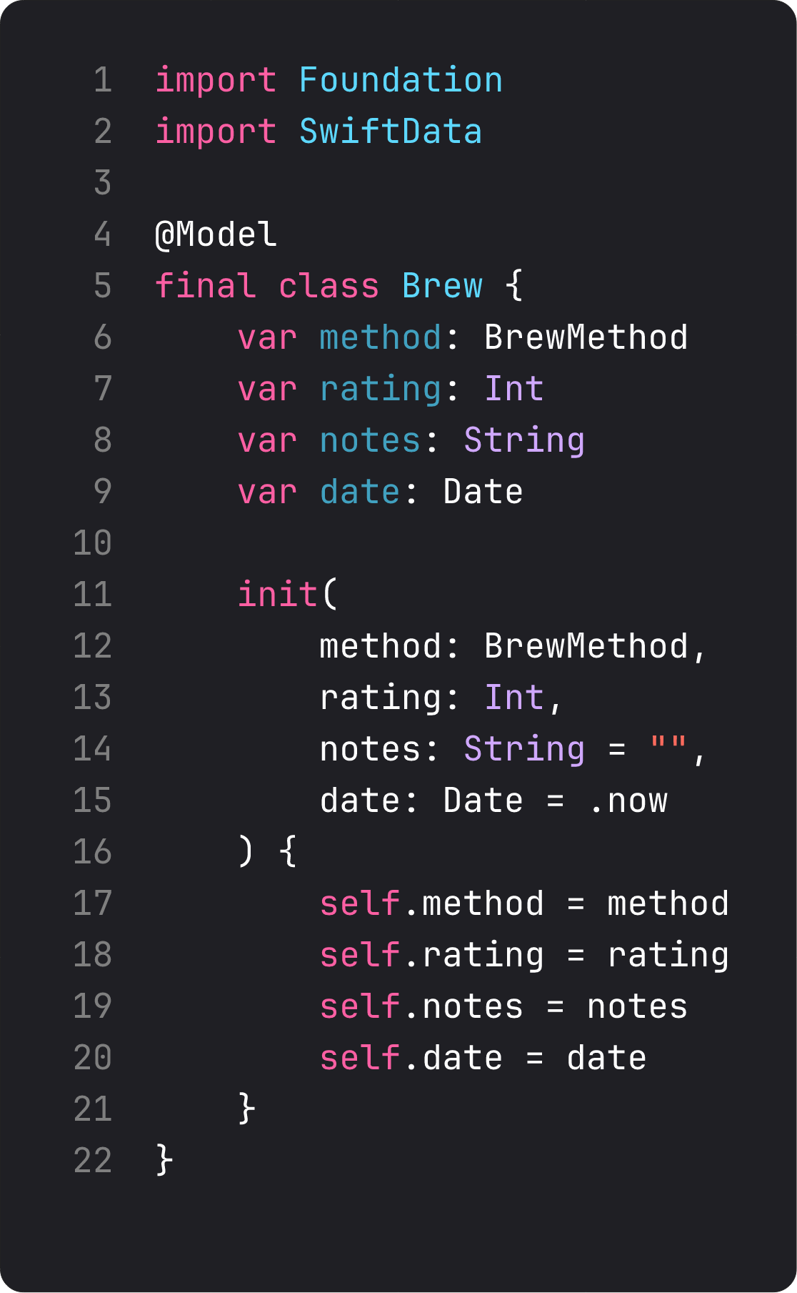 Brew @Model class with method, rating, notes, date