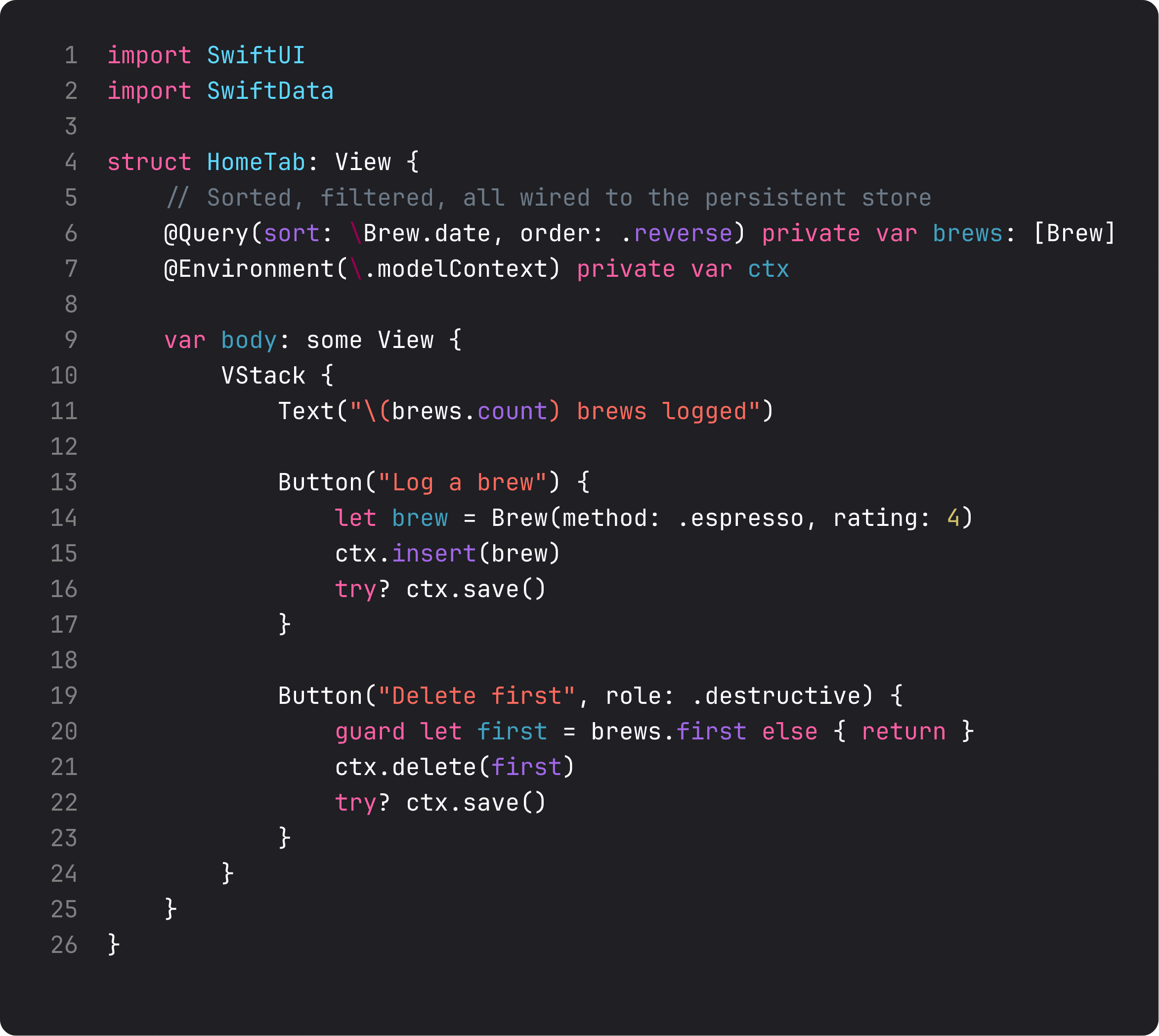 View using @Query to read brews and modelContext to insert/delete