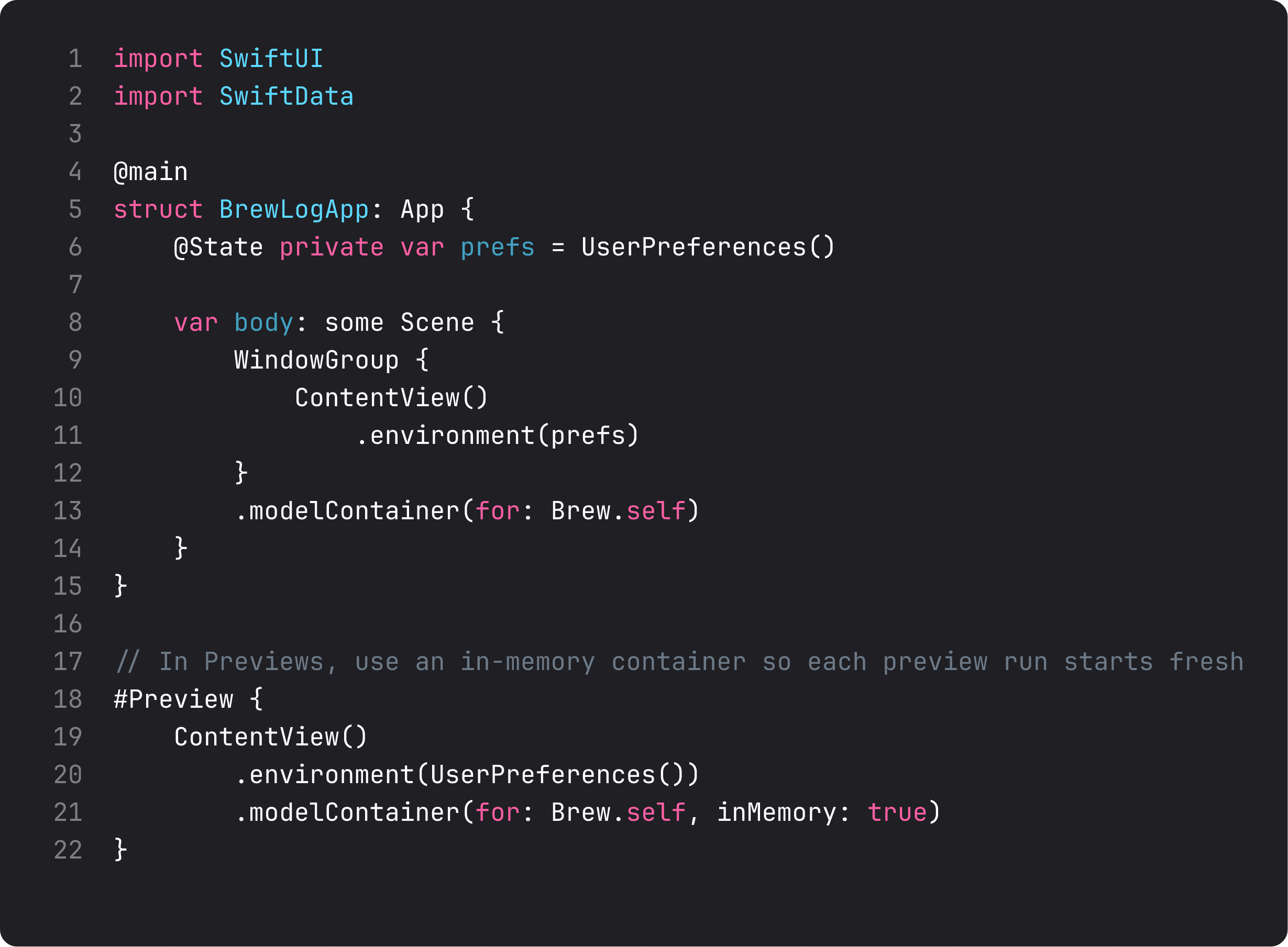 BrewLogApp with .modelContainer(for: Brew.self) on the scene