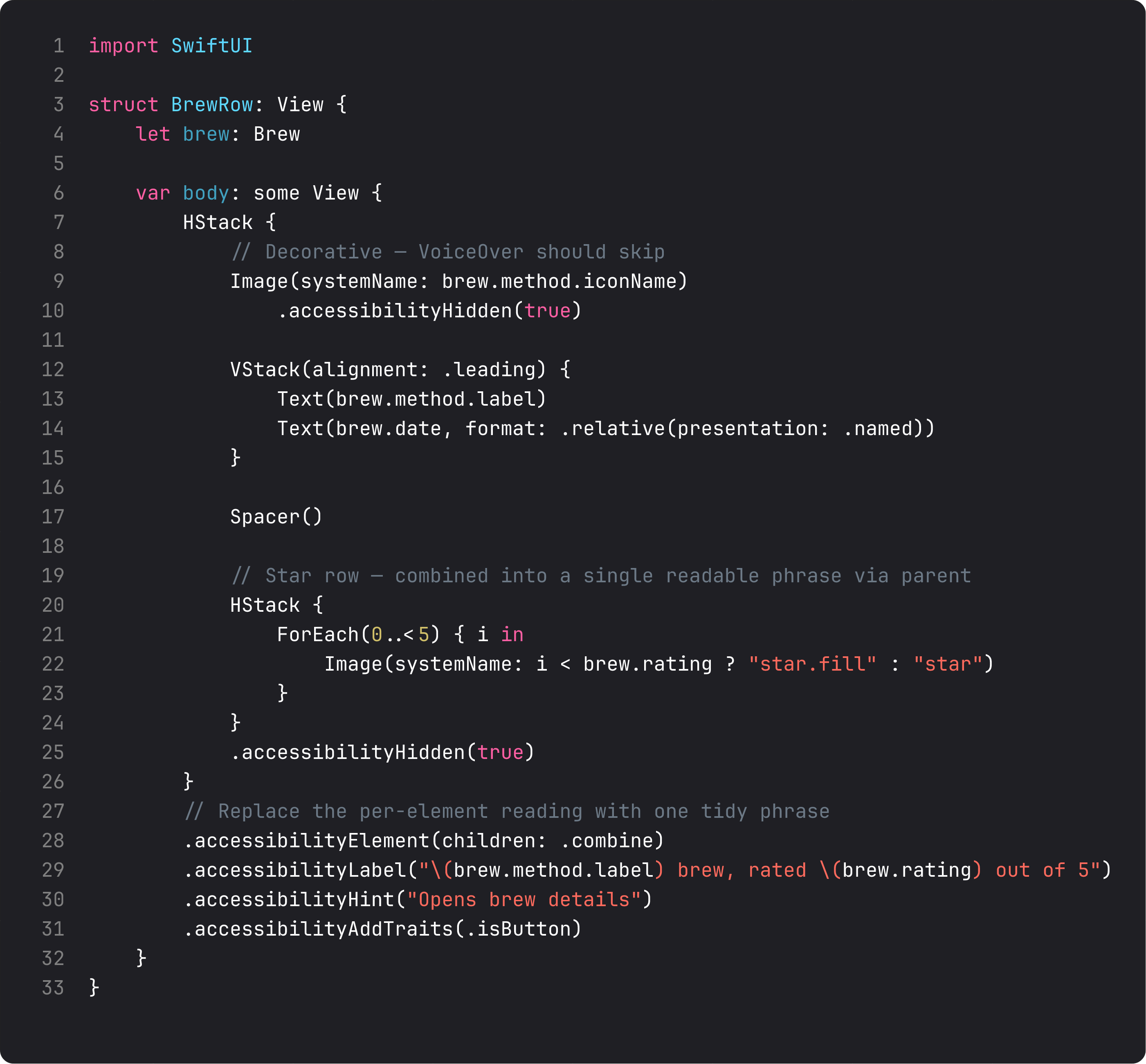 BrewRow with proper accessibility modifiers