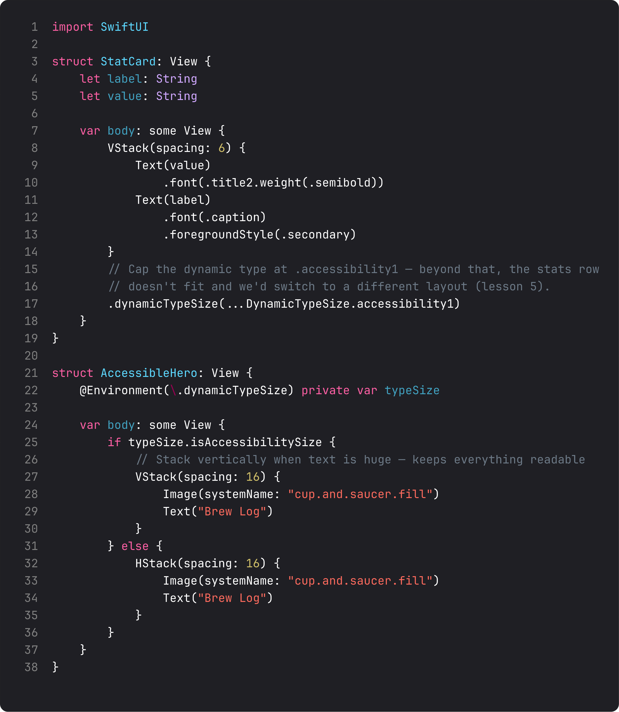 Capping dynamicTypeSize and adapting hero layout