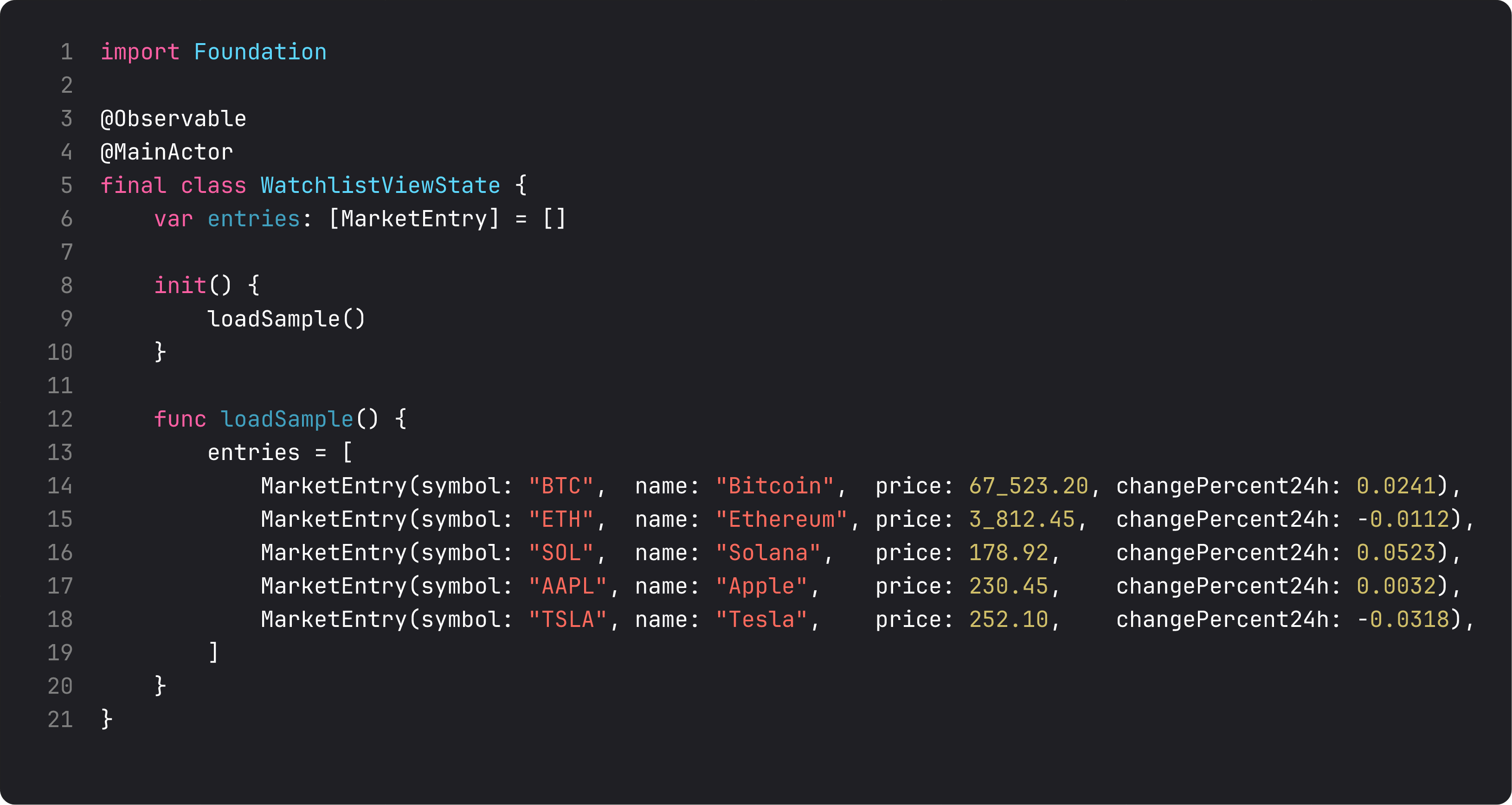 WatchlistViewState — @Observable, @MainActor, sample data loader