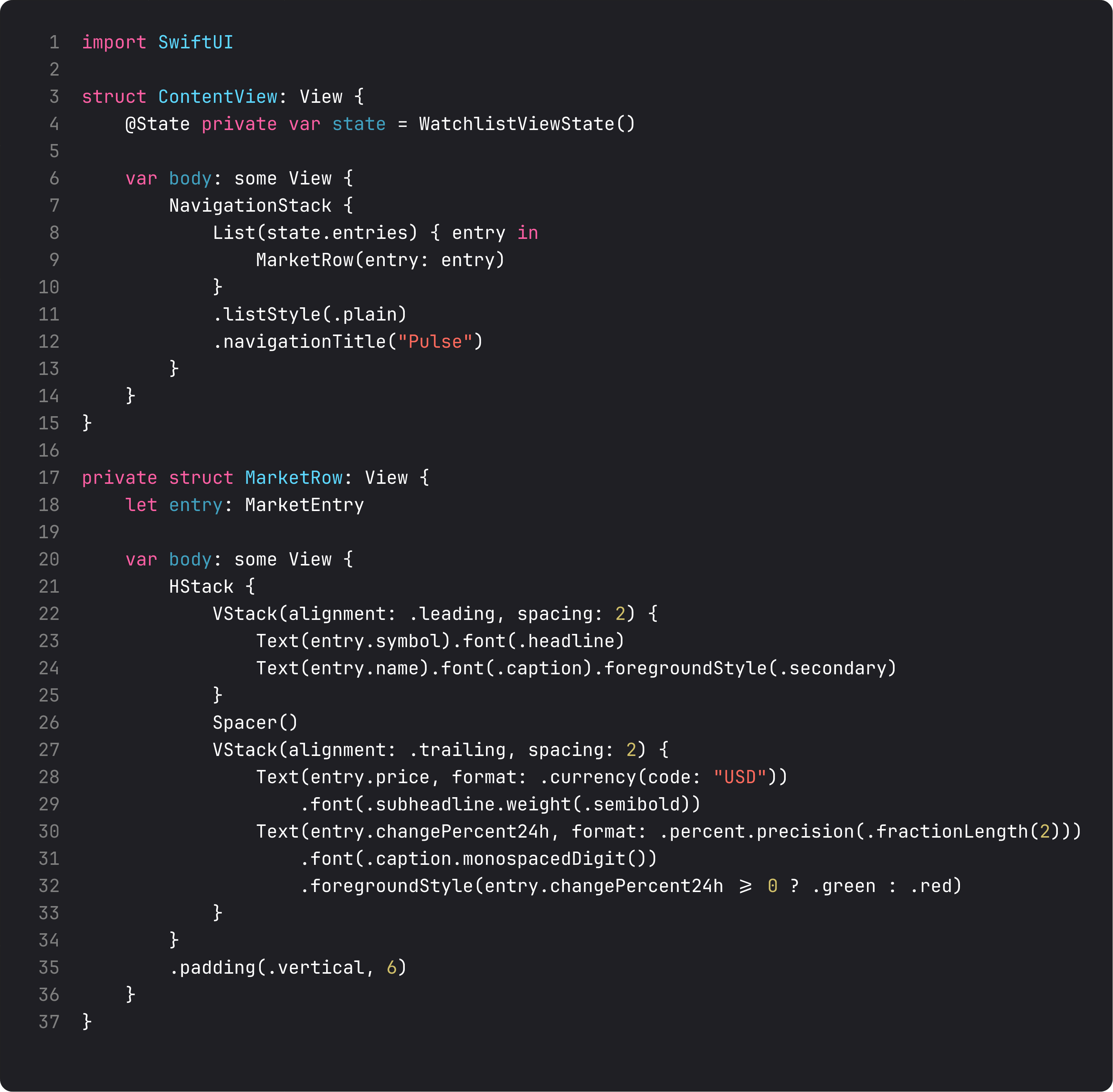 ContentView with @State view-state and MarketRow