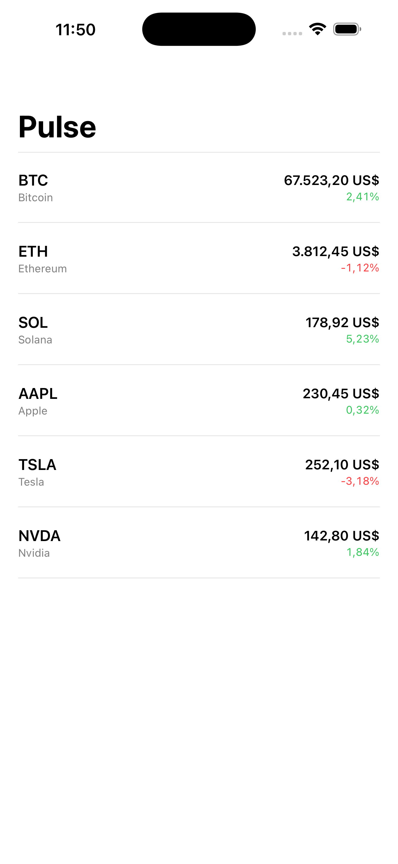 Pulse v0.1 — watchlist with sample data