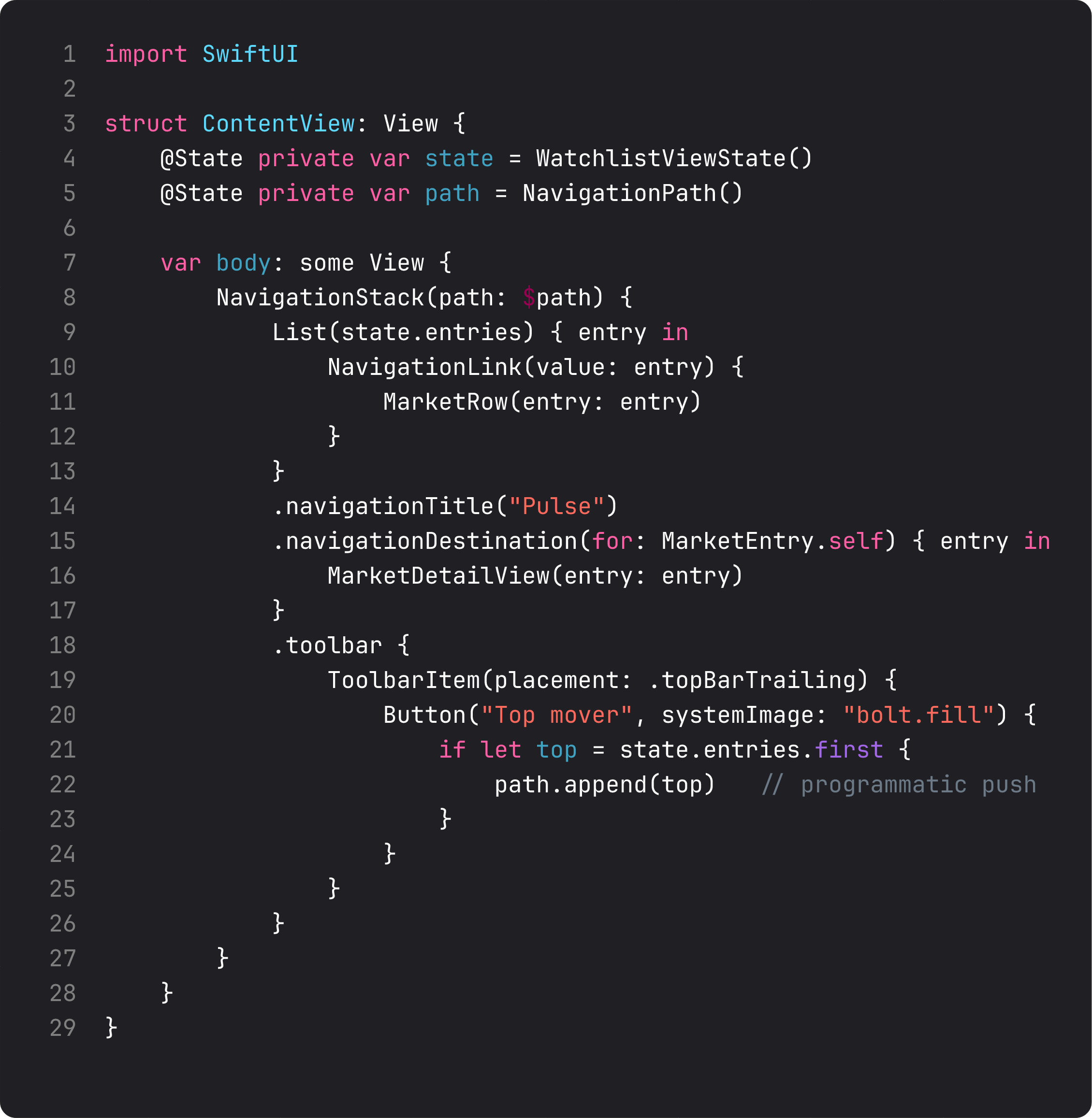 ContentView with @State NavigationPath bound to NavigationStack