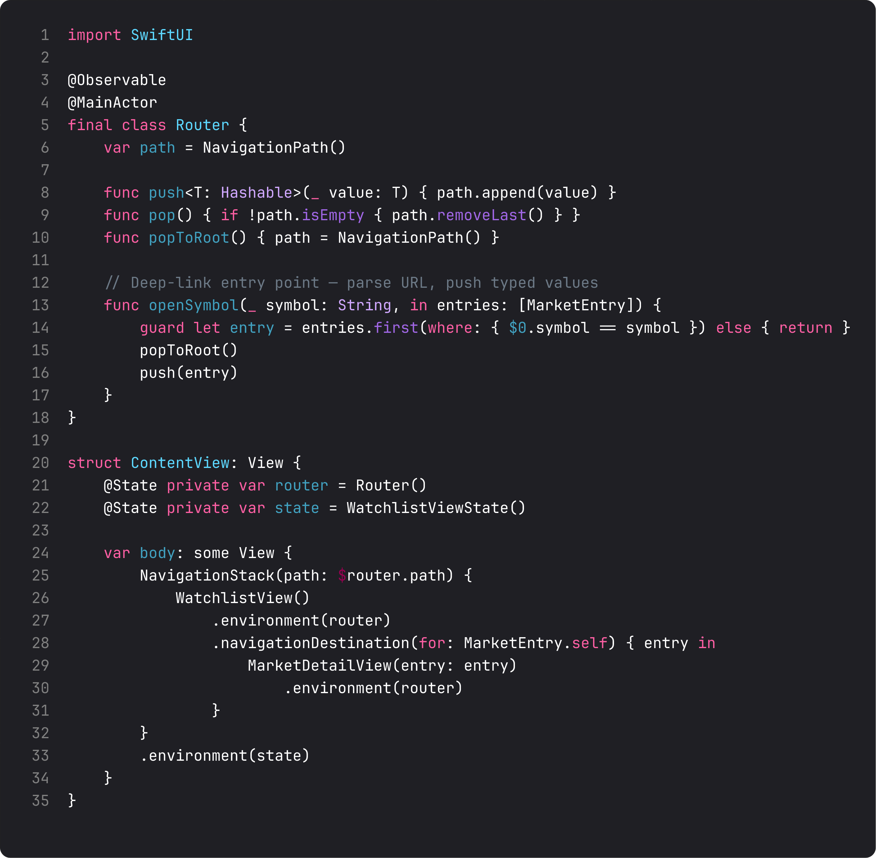 Router observable class with push/pop/openSymbol methods