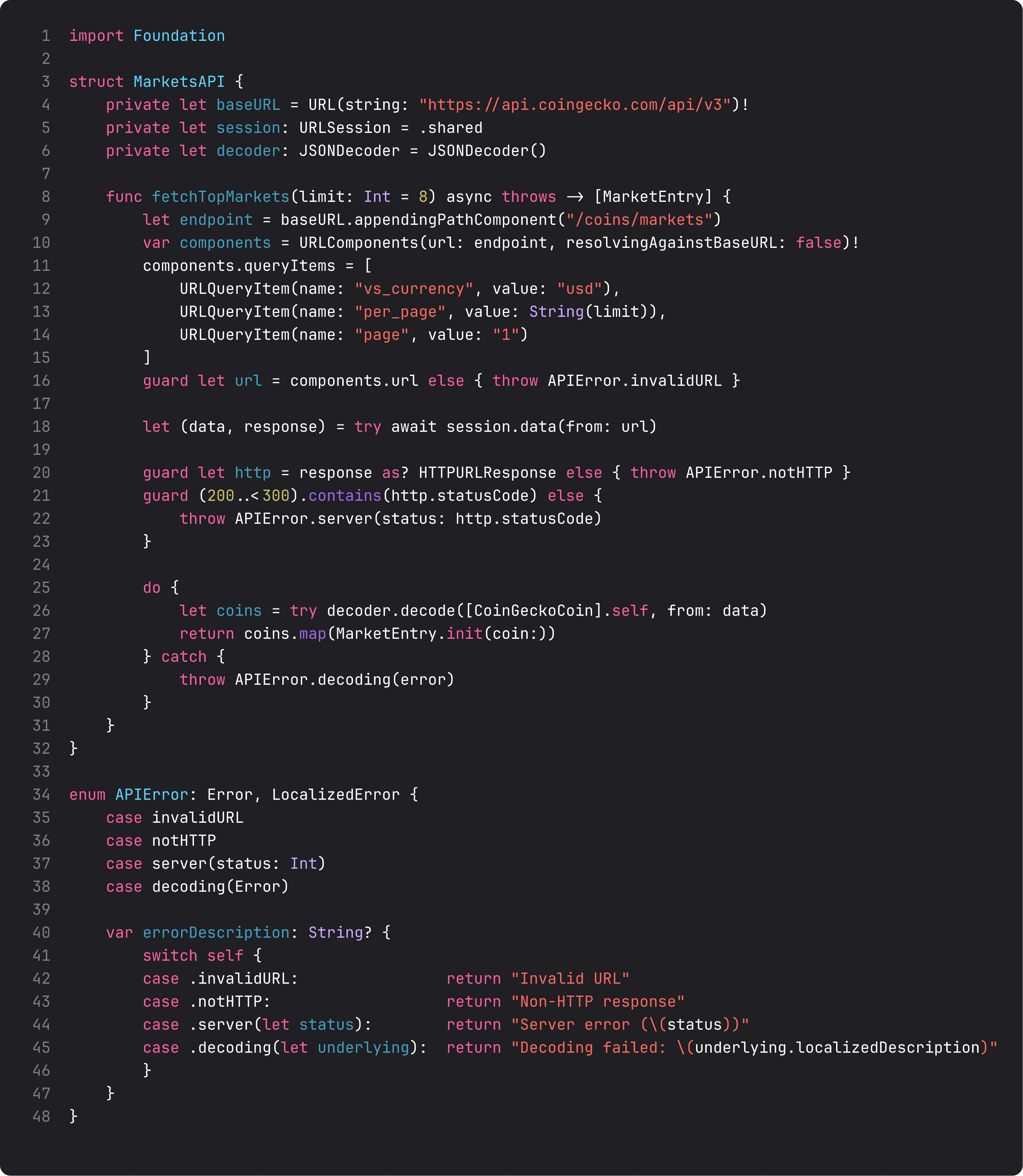 MarketsAPI struct with async fetch using URLSession