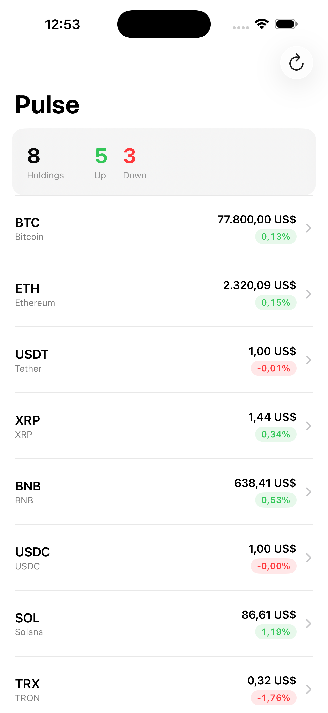 Pulse with real CoinGecko data — BTC, ETH, USDT, XRP, BNB, USDC, SOL, TRX