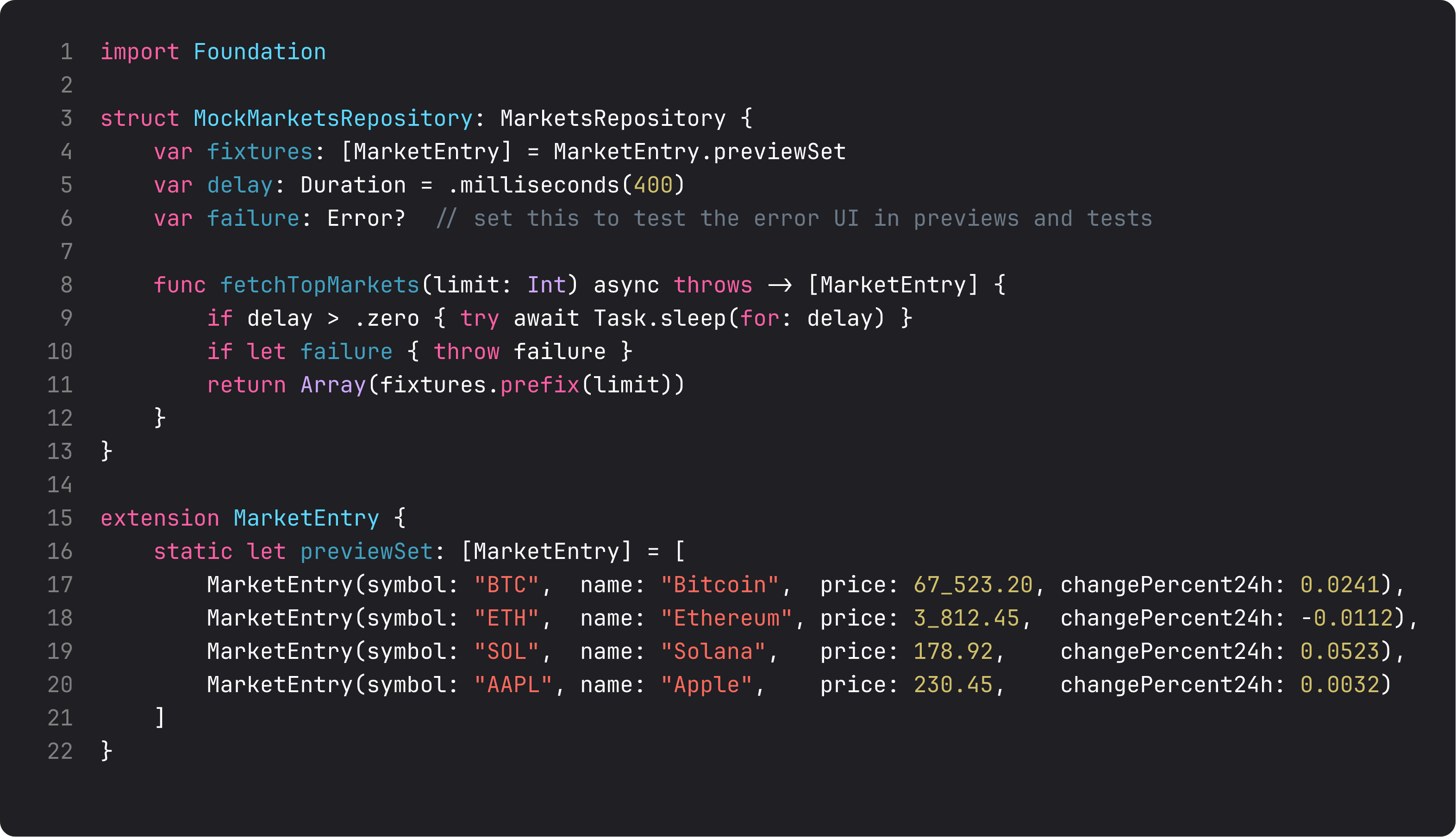 MockMarketsRepository struct with fixtures, delay, optional failure