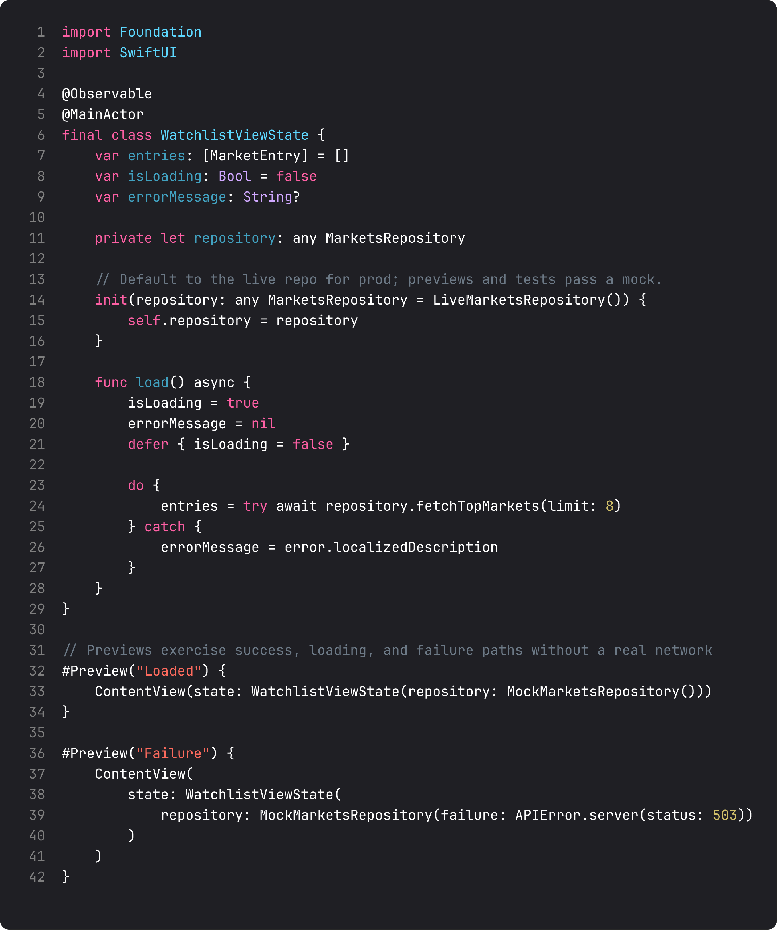 WatchlistViewState with init taking MarketsRepository, plus loaded/failure preview blocks