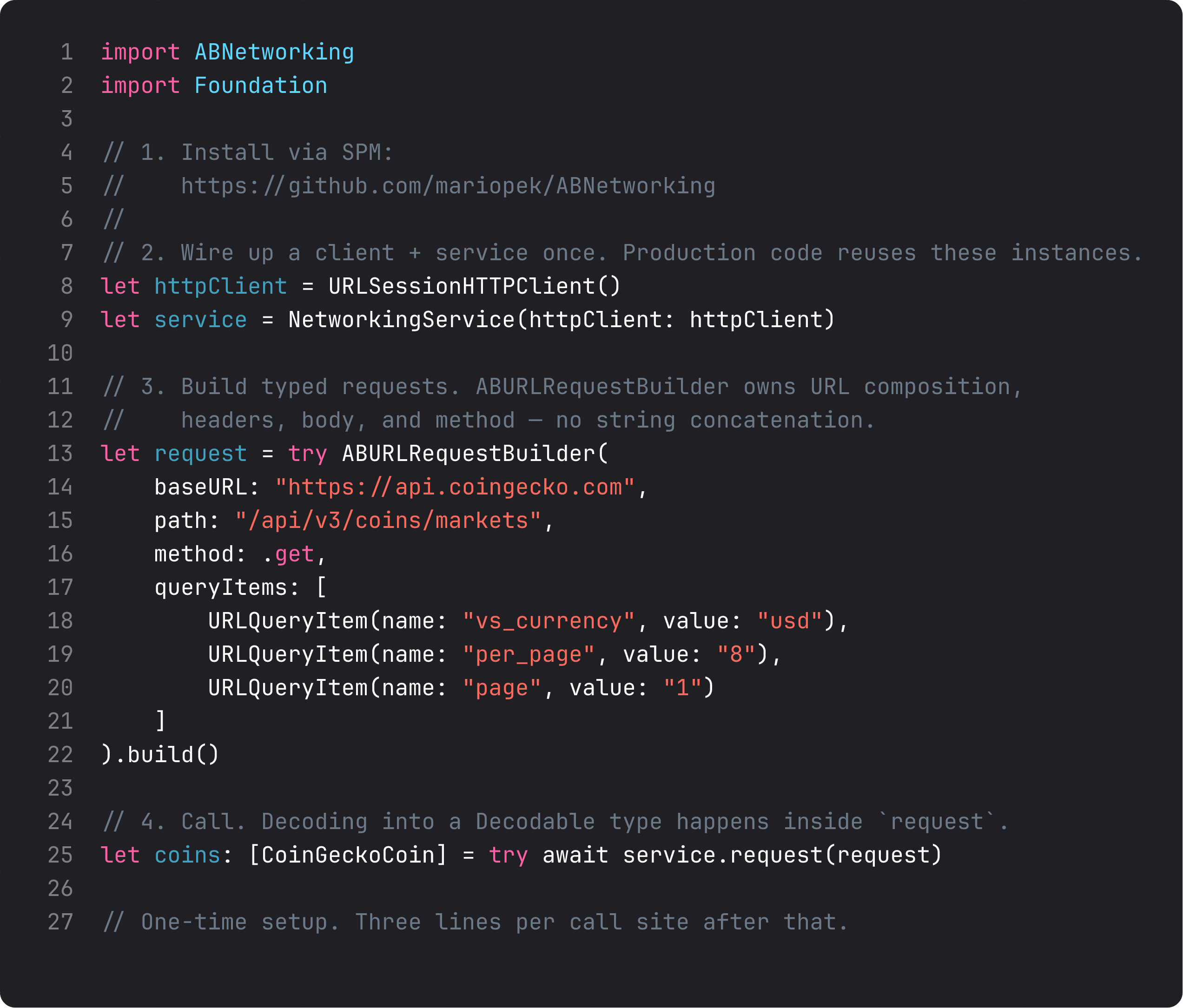 ABNetworking httpClient + service + ABURLRequestBuilder