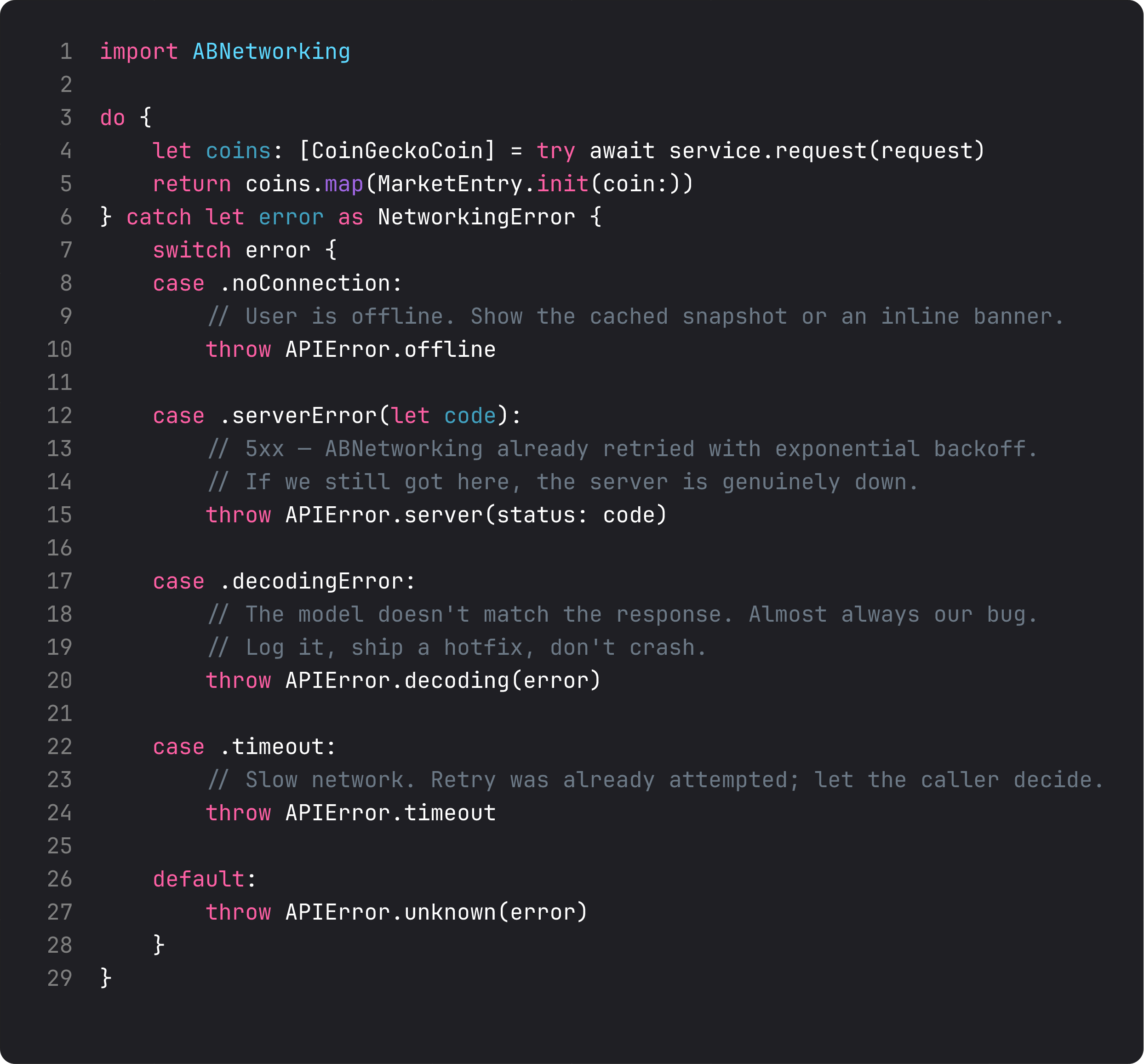 Switch over NetworkingError cases — noConnection, serverError, decodingError, timeout