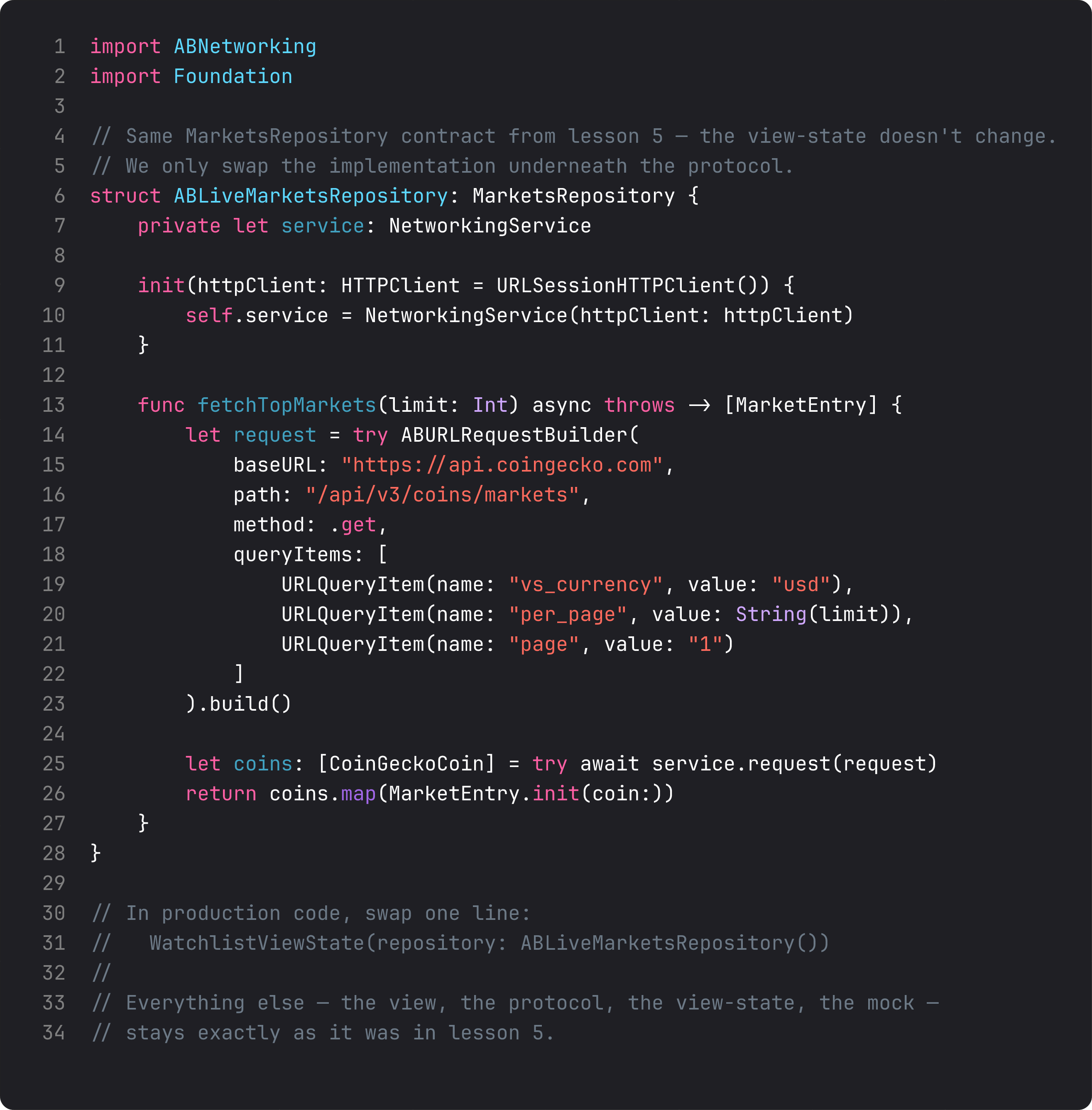 ABLiveMarketsRepository conforming to MarketsRepository, using NetworkingService