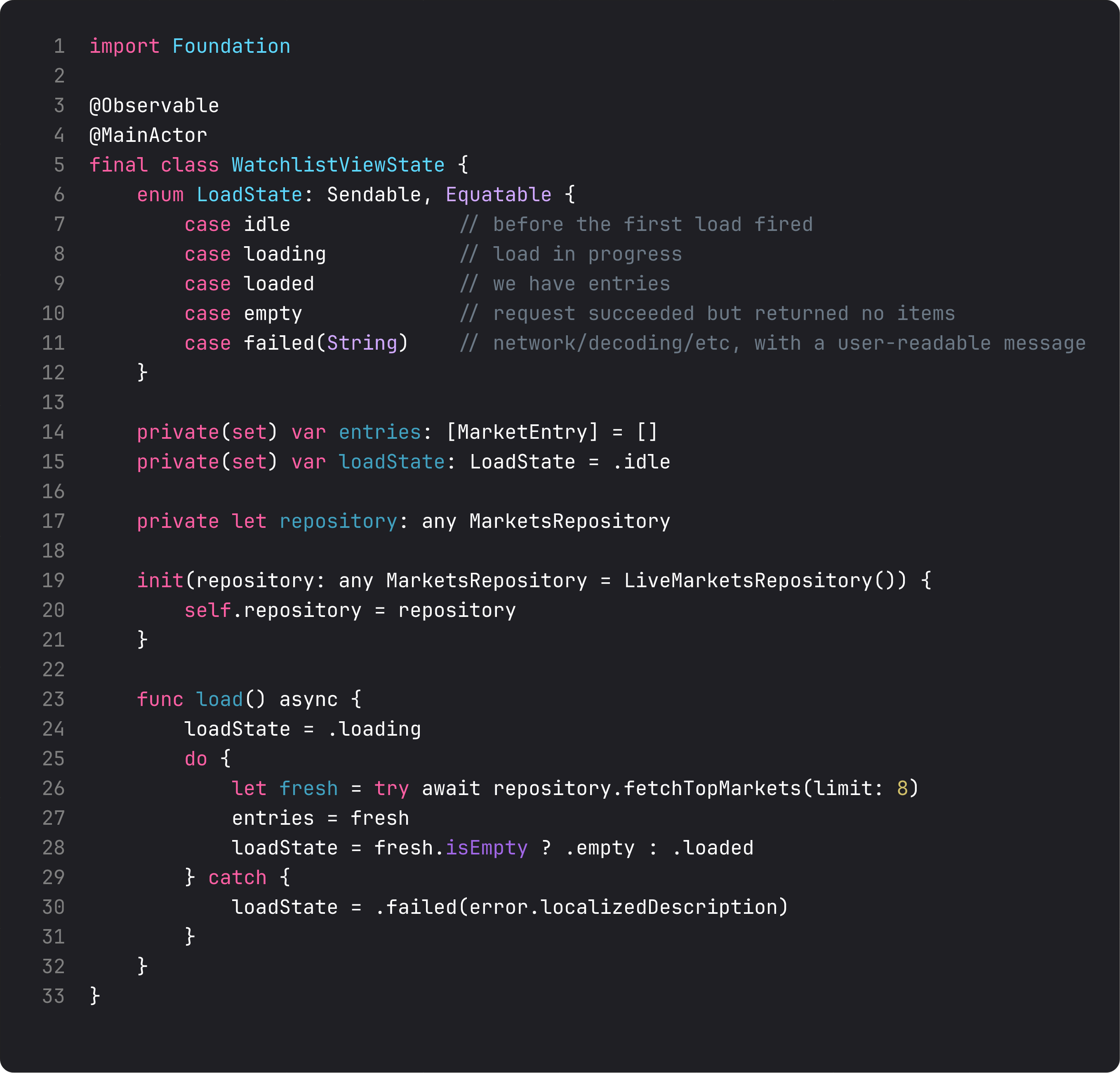 LoadState enum with idle, loading, loaded, empty, failed cases