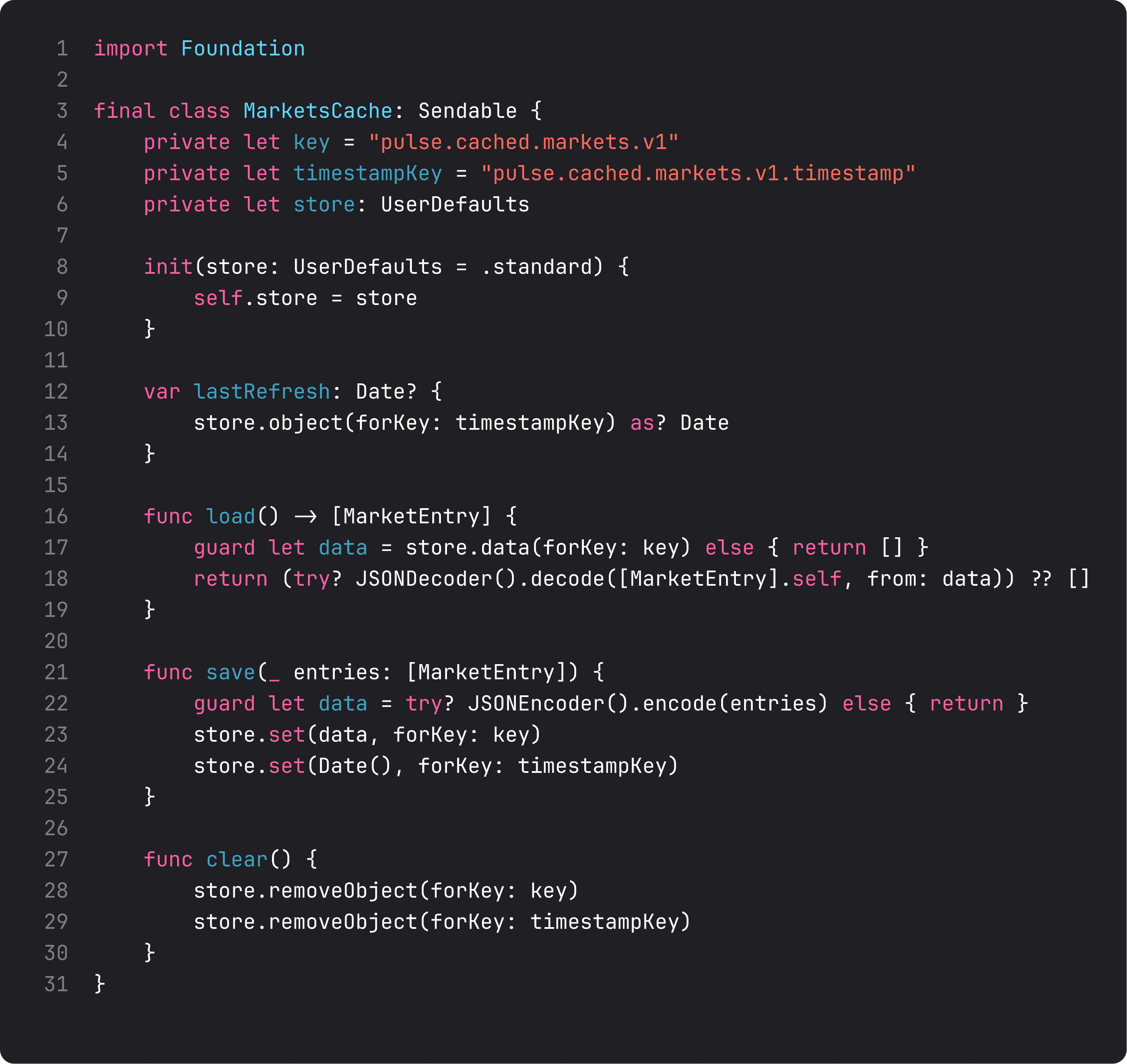 MarketsCache backed by UserDefaults with JSON encode/decode