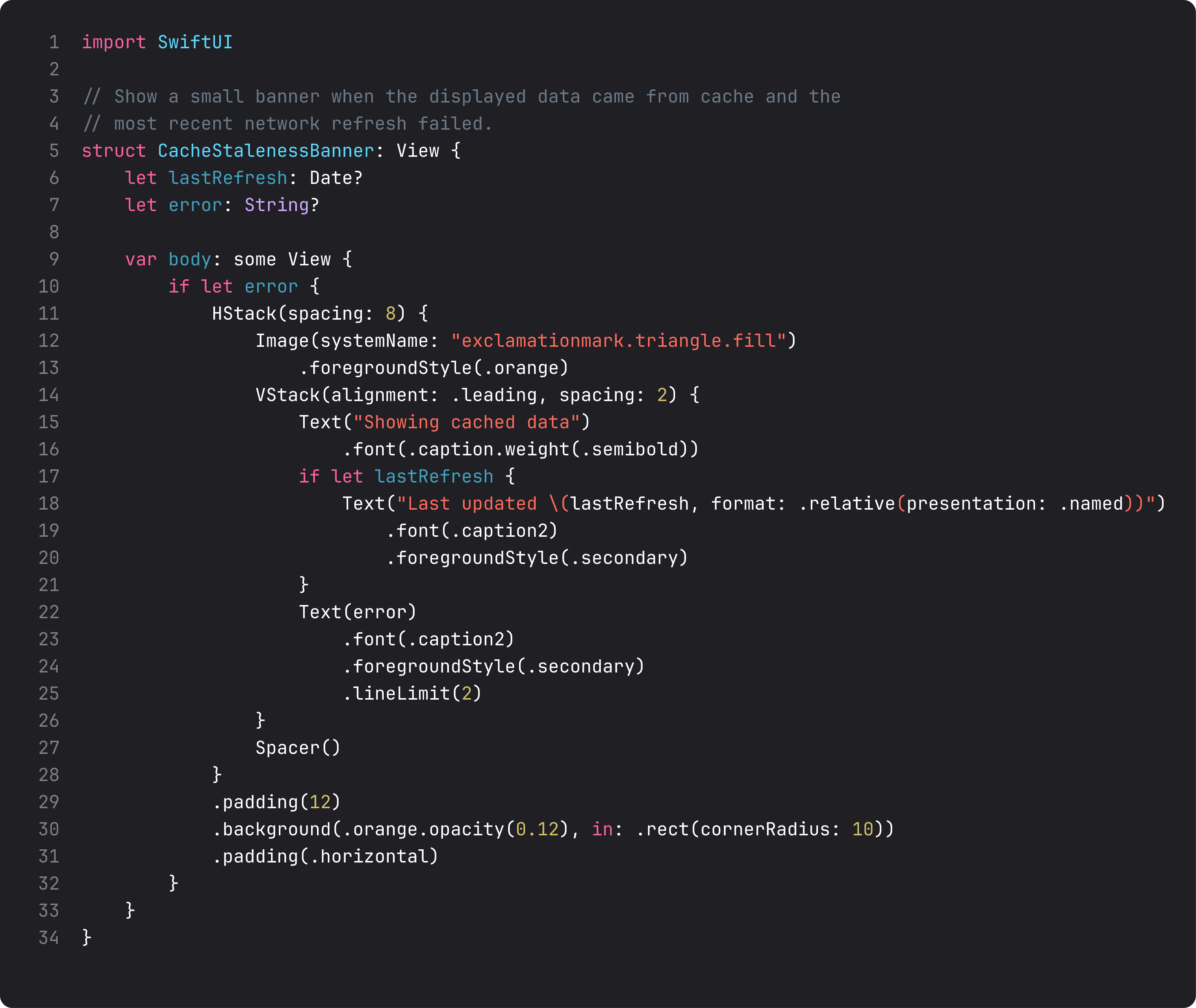 CacheStalenessBanner showing 'cached data' with last refresh time and error