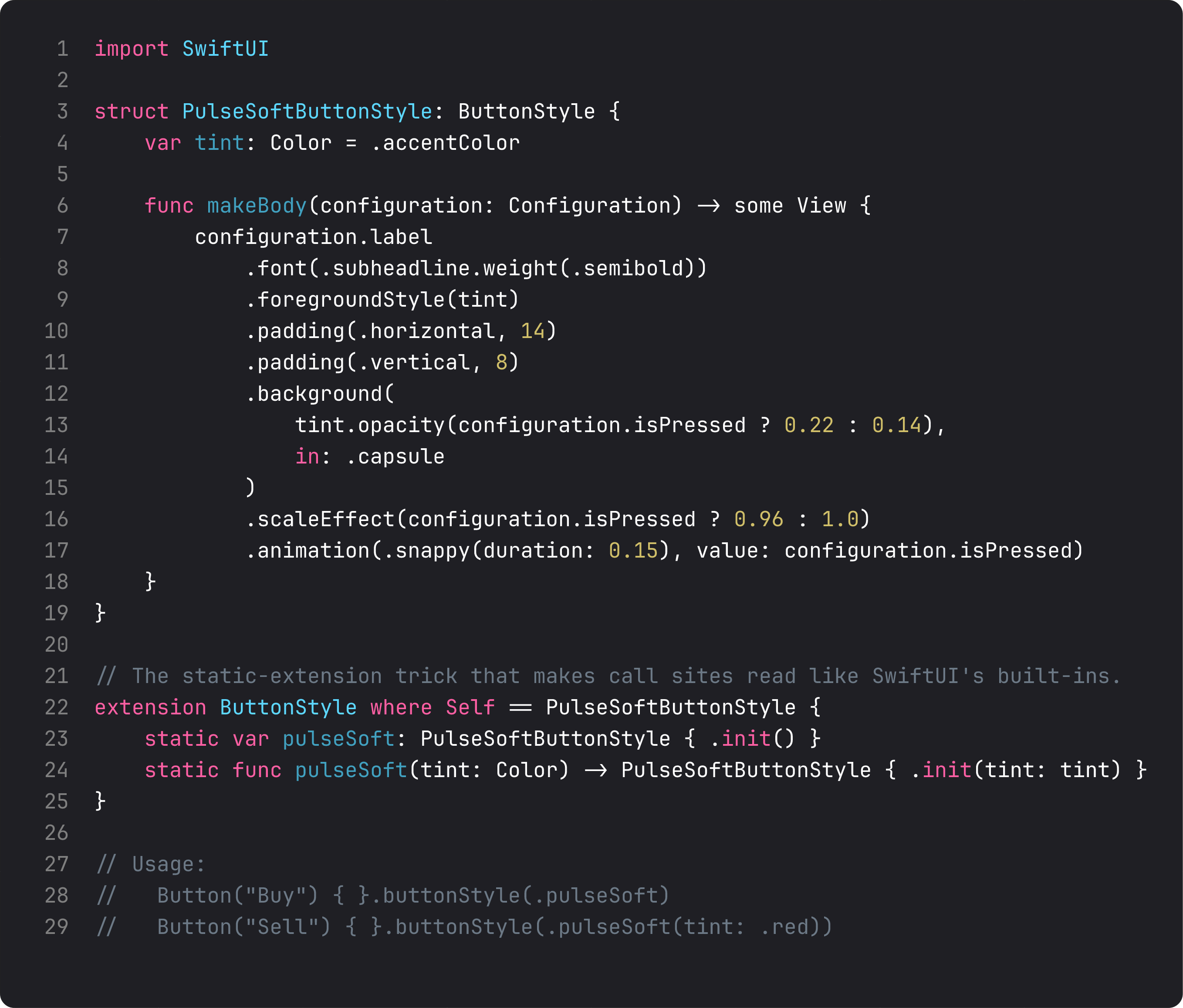 PulseSoftButtonStyle conforming to ButtonStyle with isPressed animation