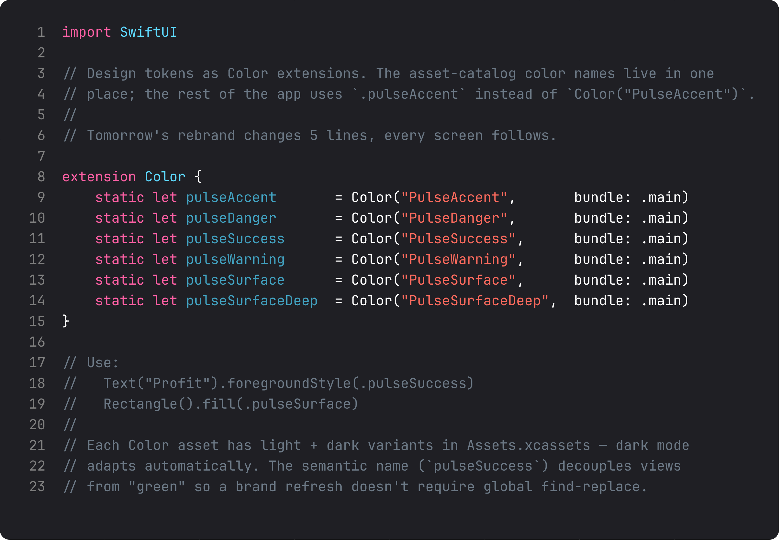 Color extension exposing pulseAccent, pulseDanger, etc