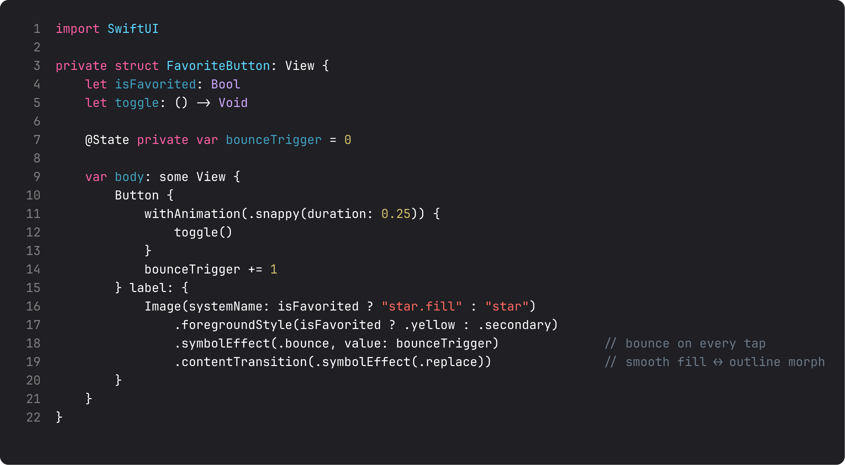 FavoriteButton with symbolEffect.bounce and contentTransition