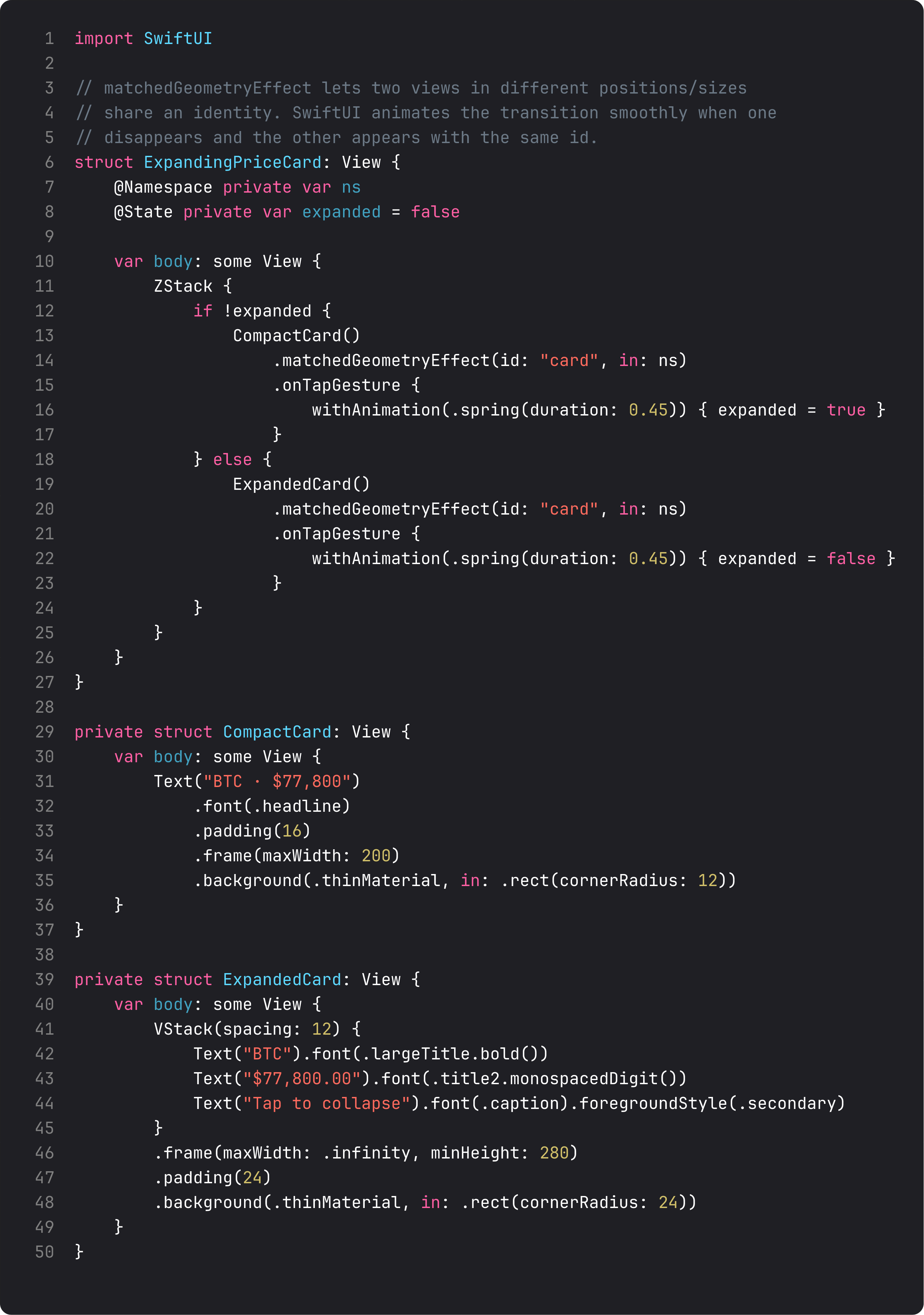 ExpandingPriceCard with matchedGeometryEffect on shared id