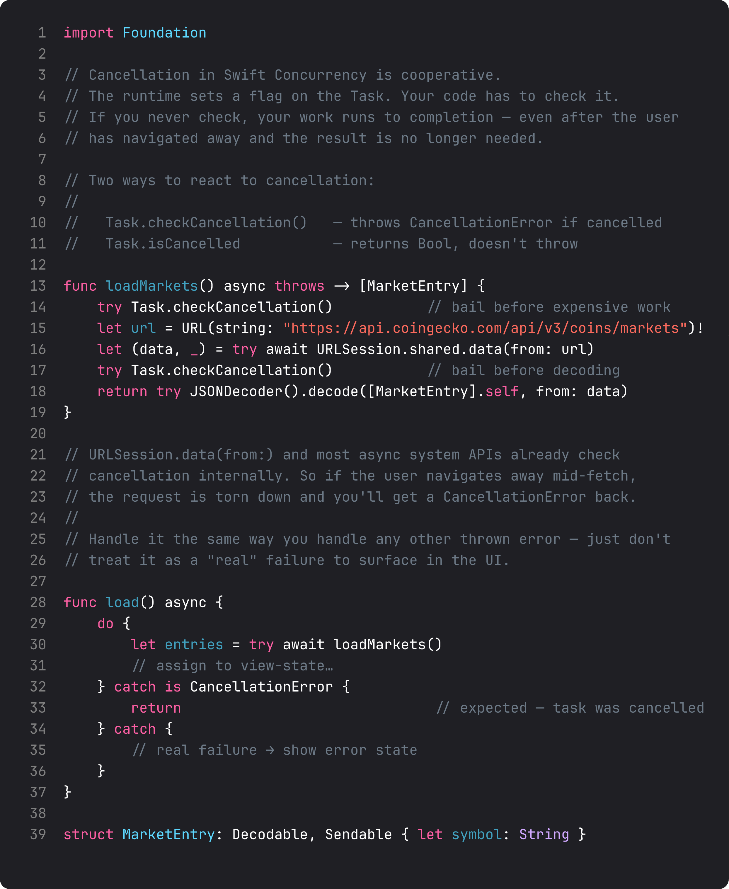 Cancellation basics — checkCancellation, isCancelled, CancellationError