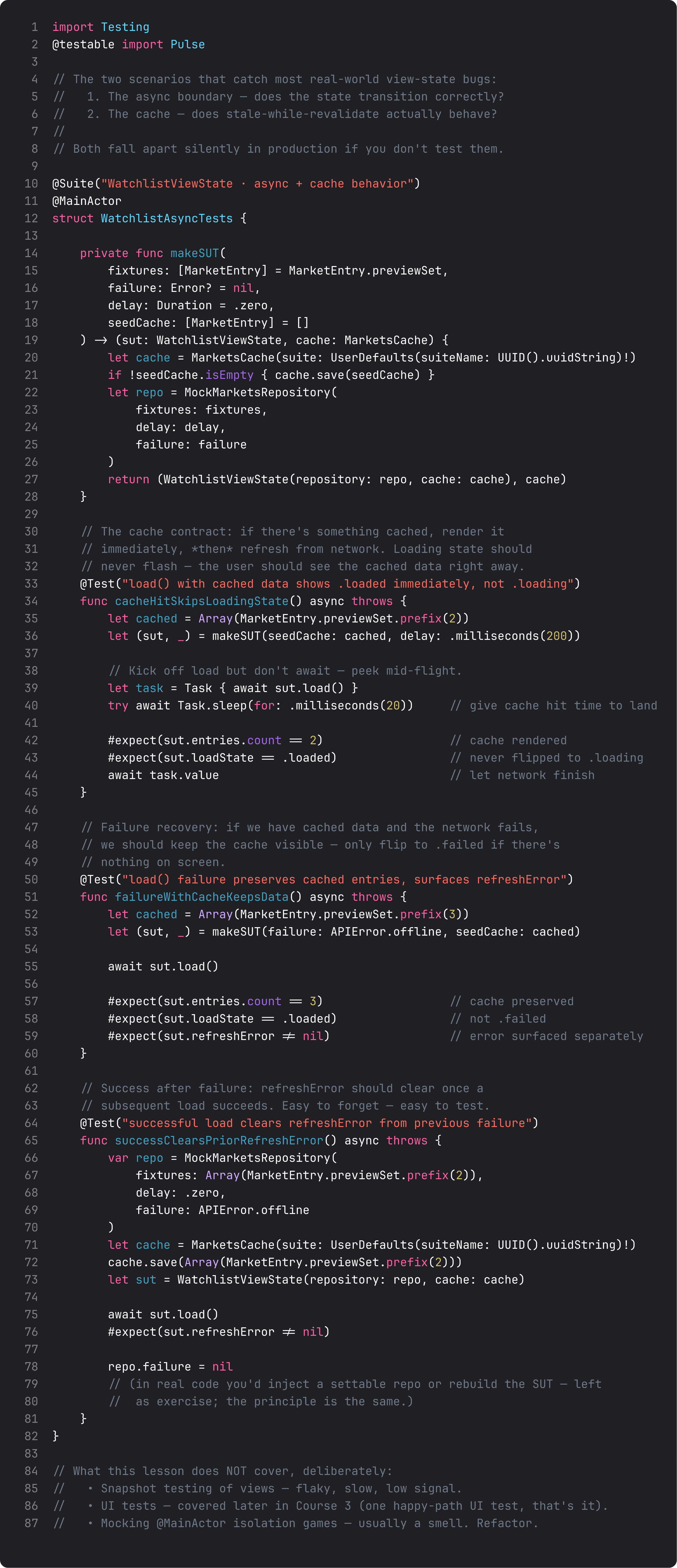 Async tests for cache and failure recovery
