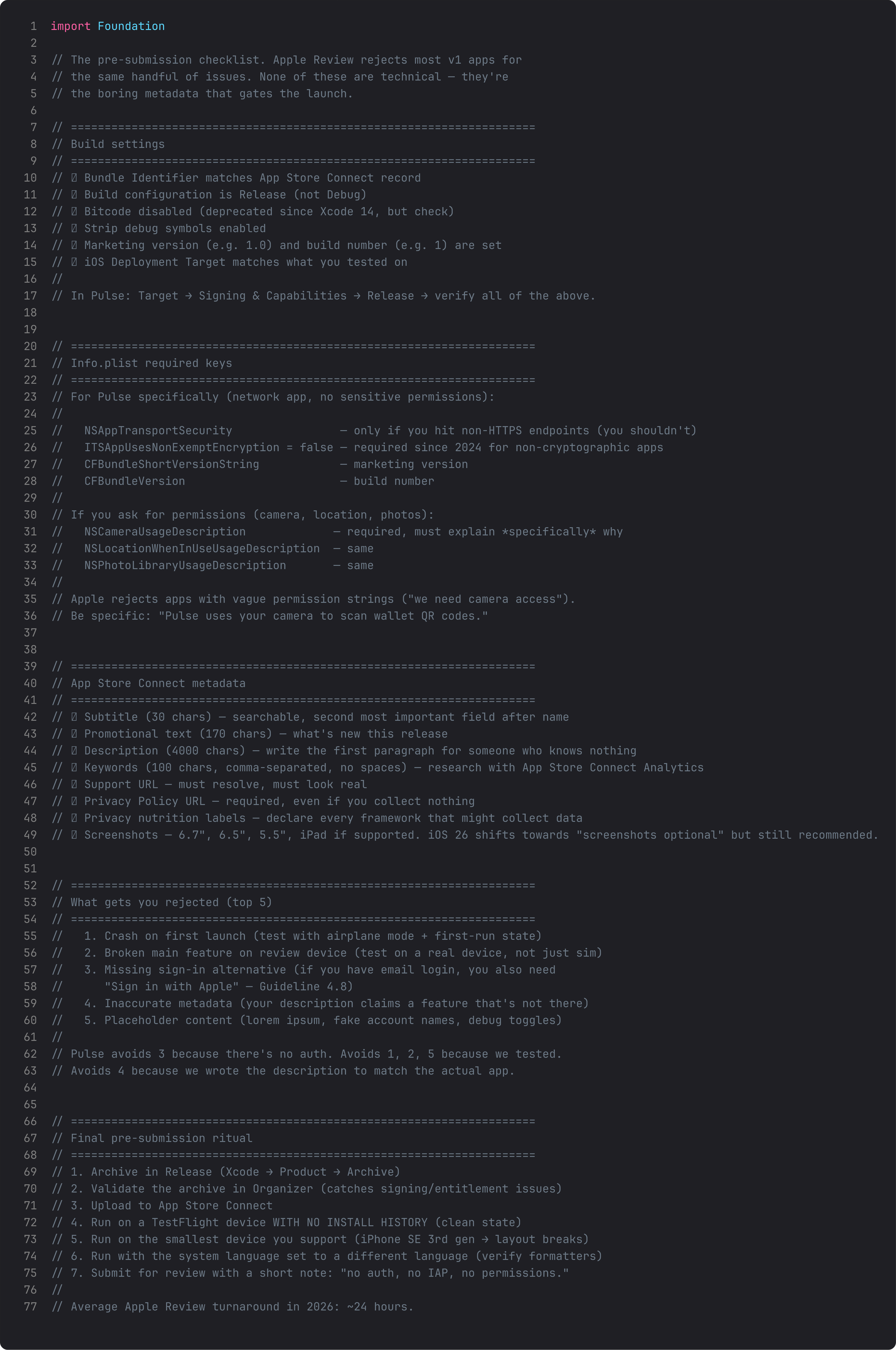 Pre-submission checklist — build, plist, ASC metadata
